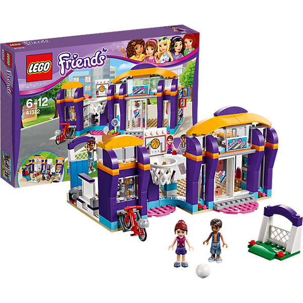LEGO Friends 41312: Спортивный центр LEGO Friends 41312: Спортивный центрКонструкторы Лего<br>LEGO Friends 41312: Спортивный центр<br><br>Характеристики:<br><br>- в набор входит: детали спортивного цента, фигурка Роберта и Мии, аксессуары, красочная инструкция<br>- состав: пластик<br>- количество деталей: 328<br>- размер центра: 23 * 12 * 15 см.<br>- для детей в возрасте: от 6 до 12 лет<br>- Страна производитель: Дания/Китай/Чехия<br><br>Легендарный конструктор LEGO (ЛЕГО) представляет серию «Friends» (Друзья) в которую входят наборы конструкторов интересных не только в строительстве, но и в игре. <br><br>Серия разработана с учетом различных повседневных ситуаций и мест. Мия и Роберт обожают заниматься спортом в своем центре, который разбита на уличную зону и на зону занятий в помещении. Центр оснащен грушей для тренировки ударов, беговой дорожкой с электронной панелью и крутящимися деталями, ковриком для йоги, кольцами для подтягивания, гантелями, балетным станком для растяжки и фонтанчиком с водой. Личные вещи Мия и Роберт оставляют в закрывающихся шкафчиках, взяв с собой немного денег чтобы купить свежевыжатый сок. Трофейный зал хранит кубки рекордсменов. Уличная секция центра помогает друзьям играть в баскетбол, футбол, теннис или кататься на велосипеде. Необходимый инвентарь лежит в ящике внутри центра. <br><br>Фигурки выполнены очень качественно, могут двигать головой, руками, торсом и принимать сидячее положение. Прически выполнены с учетом рельефа, часть деталей одежды имеет выступающие части, что делает наряды более реалистичными. Оставайся в форме вместе со спортивным центром Хартлейк Сити. <br><br>Играя с конструктором ребенок развивает моторику рук, воображение и логическое мышление, научится собирать по инструкции и создавать свои модели. Придумывайте новые истории любимых героев с набором LEGO «Friends»!<br><br>Конструктор LEGO Friends 41312: Спортивный центр можно купить в нашем интернет-магазине.<br><br>Ширина мм: 385<br>Глубина мм: 261<br>Высота мм: 71<br>Вес г: 668<br>Возраст от месяцев: 72<br>Возраст до месяцев: 144<br>Пол: Женский<br>Возраст: Детский<br>SKU: 5002481