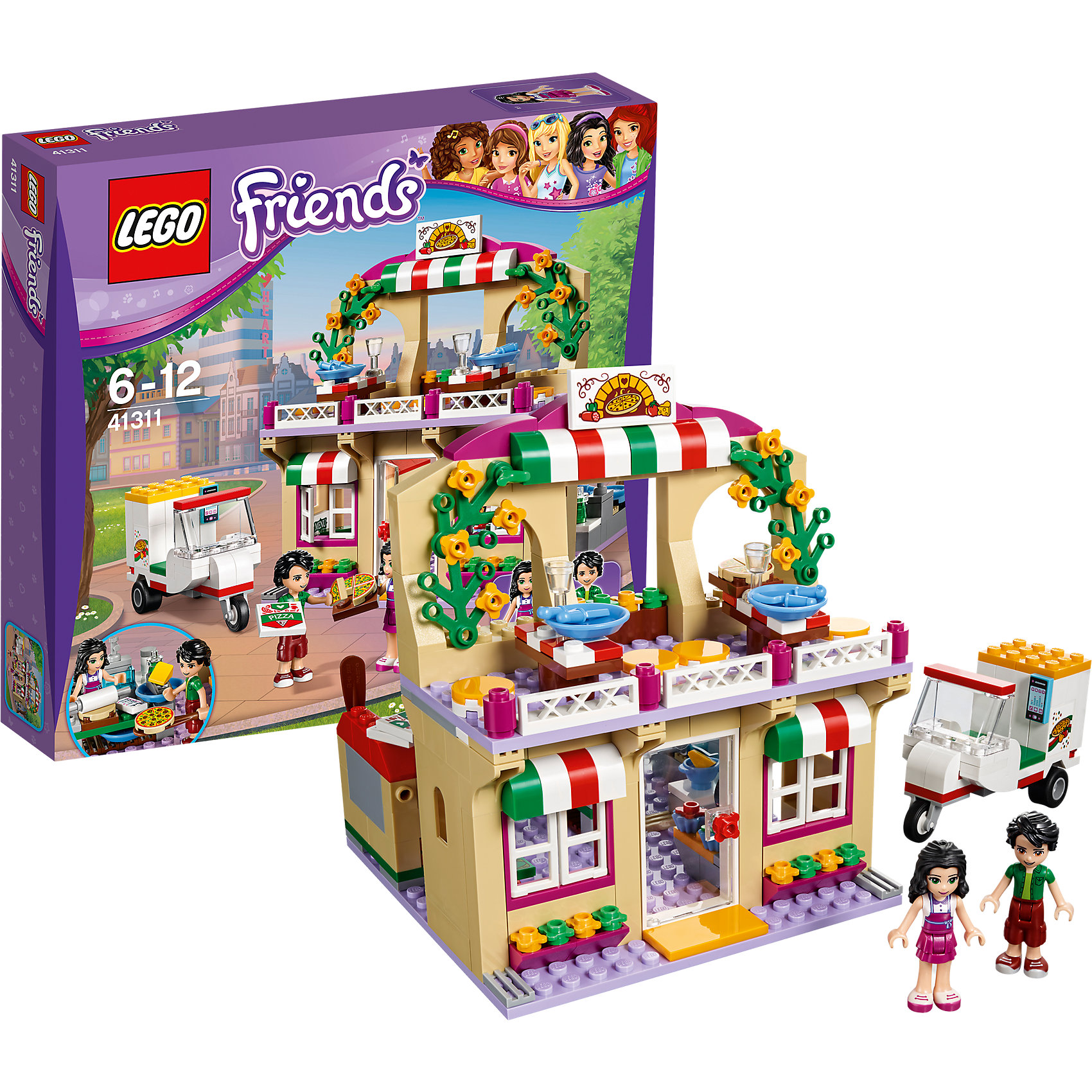 LEGO Friends 41311: Пиццерия LEGO Friends 41311: ПиццерияПластмассовые конструкторы<br>LEGO Friends 41311: Пиццерия<br><br>Характеристики:<br><br>- в набор входит: детали пиццерии и скутера, фигурка Оливера и Эммы, аксессуары, красочная инструкция<br>- состав: пластик<br>- количество деталей: 289<br>- размер пиццерии: 15 * 12 * 12 см.<br>- размер скутера: 7 * 3 * 5 см.<br>- для детей в возрасте: от 6 до 12 лет<br>- Страна производитель: Дания/Китай/Чехия<br><br>Легендарный конструктор LEGO (ЛЕГО) представляет серию «Friends» (Друзья) в которую входят наборы конструкторов интересных не только в строительстве, но и в игре. <br><br>Серия разработана с учетом различных повседневных ситуаций и мест. Оливер и Эмма открыли итальянский ресторан и ждут всех посетителей на дегустацию нового рецепта пиццы. Двухэтажный ресторан выглядит очень стильно, на фасаде расположено два тента с цветами итальянского флага, а на балконе распустились желтые цветочки романтичного вьюнка. Первый этаж предназначен для кухни, так есть большая печь с лопаткой, плита со сковородой и синей лопаткой, раковина с краном, миска с сыром и терка для сыра, банка с мукой, скалка, тесто и нож для теста. Эмма использует новый рецепт и сверяется с ним в процессе изготовления пиццы. В меню есть и вкусные кексы на десерт. Оливер помогает приносить пиццу как гостям в пиццерии, так и тем, кто заказывает пиццу по телефону. Пиццу упаковывают в картонную коробку и Оливер мчится на фирменном скутере к заказчику. Трехколесный скутер оснащен планшетом с навигатором и большим багажником. <br><br>Фигурки выполнены очень качественно, могут двигать головой, руками, торсом и принимать сидячее положение. Прически выполнены с учетом рельефа, часть деталей одежды имеет выступающие части, что делает наряды более реалистичными. Эмма одета в одежду повара и на ней лиловый фартук, Оливер одет в более спортивный наряд, чтобы ему было удобнее заниматься доставкой. Наслаждайтесь пиццей в компании друзей в итальянском ресторане Хартлейк Сити. <br><br>Играя с конструктором ребенок развивает моторику рук, воображение и логическое мышление, научится собирать по инструкции и создавать свои модели. Придумывайте новые истории любимых героев с набором LEGO «Friends»!<br><br>Конструктор LEGO Friends 41311: Пиццерия можно купить в нашем интернет-магазине.<br><br>Ширина мм: 280<br>Глубина мм: 264<br>Высота мм: 63<br>Вес г: 474<br>Возраст от месяцев: 72<br>Возраст до месяцев: 144<br>Пол: Женский<br>Возраст: Детский<br>SKU: 5002482