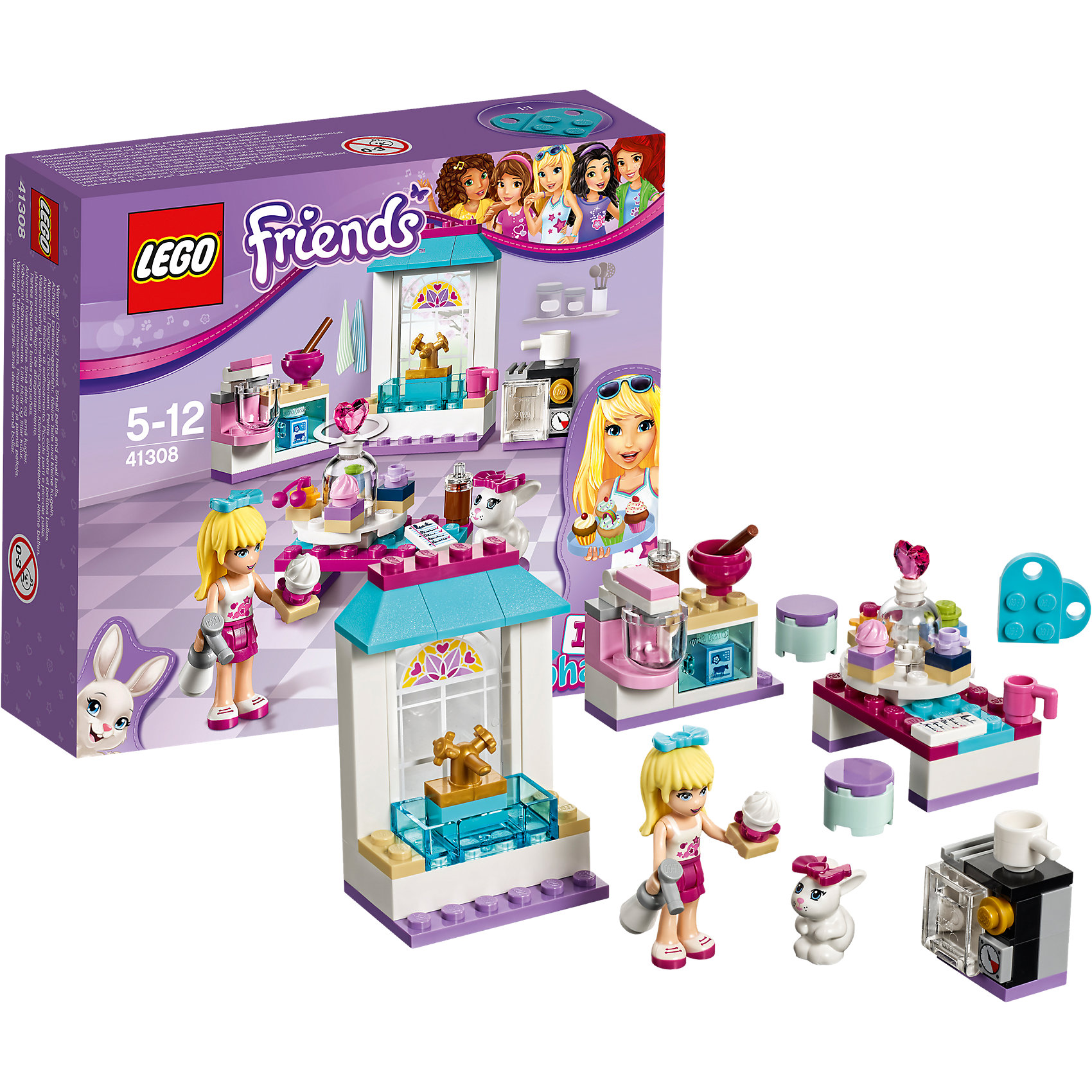 LEGO Friends 41308: Кондитерская Стефани LEGO Friends 41308: Кондитерская СтефаниПластмассовые конструкторы<br>LEGO Friends 41308: Кондитерская Стефани<br><br>Характеристики:<br><br>- в набор входит: детали кухни, фигурка Стефани, кролик, аксессуары, красочная инструкция<br>- состав: пластик<br>- количество деталей: 94<br>- размер раковины: 7 * 3 * 4 см.<br>- размер стола с пирожными: 5 * 3 * 4 см.<br>- для детей в возрасте: от 5 до 12 лет<br>- Страна производитель: Дания/Китай/Чехия<br><br>Легендарный конструктор LEGO (ЛЕГО) представляет серию «Friends» (Друзья) в которую входят наборы конструкторов интересных не только в строительстве, но и в игре. <br><br>Серия разработана с учетом различных повседневных ситуаций и мест. Стефани просто обожает кулинарию и у нее отлично получается выпечка. Она открыла свою маленькую пекарню и наслаждается процессом изготовления вкусных пирожных. Красивая раковина позволяет ей держать посуду в чистоте, современный миксер отлично взбивает крем, а надежная открывающаяся духовка с плитой выпекает отличные пирожные. Баллончик с заварным кремом позволяет Стефани очень красиво украшать свою выпечку. Она выставляет ее на вращающемся стенде. Кролик Дейзи помогает хозяйке во всем. В наборе два стульчика, две чашки и деталь-рецепт. <br><br>Фигурка Стефани отлично проработана, ее рельефные волосы уложены в красивую прическу и она носит голубой бант. Ее наряд отлично подходит для хозяйки пекарни – белый топ и лиловая однотонная юбка. Фигурка может двигать головой, руками, торсом и принимать сидячее положение. Фигурка кролика надежно вставляется в детали лего, а благодаря специальному отверстию можно надевать и снимать бантик или другие аксессуары. В набор входит голубая деталь-кулончик серии LEGO «Friends». <br><br>Играя с конструктором ребенок развивает моторику рук, воображение и логическое мышление, научится собирать по инструкции и создавать свои модели. Придумывайте новые истории любимых героев с набором LEGO «Friends»!<br><br>Конструктор LEGO Friends 41308: Кондитерская Стефани можно купить в нашем интернет-магазине.<br><br>Ширина мм: 143<br>Глубина мм: 157<br>Высота мм: 48<br>Вес г: 134<br>Возраст от месяцев: 60<br>Возраст до месяцев: 144<br>Пол: Женский<br>Возраст: Детский<br>SKU: 5002485