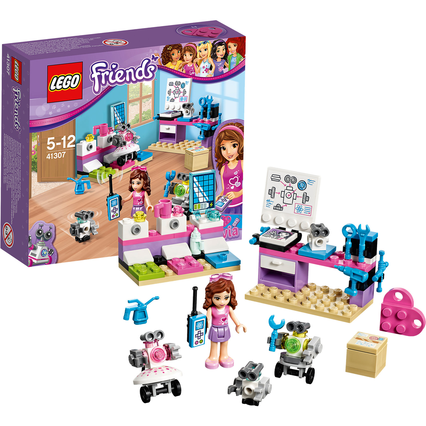 LEGO Friends 41307: Творческая лаборатория Оливии LEGO Friends 41307: Творческая лаборатория ОливииПластмассовые конструкторы<br>LEGO Friends 41307: Творческая лаборатория Оливии<br><br>Характеристики:<br><br>- в набор входит: детали лаборатории и трех роботов, фигурка Оливии, аксессуары, красочная инструкция<br>- состав: пластик<br>- количество деталей: 91<br>- размер зарядной станции: 6 * 3 * 5 см.<br>- размер лабораторного стола: 7 * 3 * 6 см.<br>- для детей в возрасте: от 5 до 12 лет<br>- Страна производитель: Дания/Китай/Чехия<br><br>Легендарный конструктор LEGO (ЛЕГО) представляет серию «Friends» (Друзья) в которую входят наборы конструкторов интересных не только в строительстве, но и в игре. <br><br>Серия разработана с учетом различных повседневных ситуаций и мест. Оливия просто обожает технику и уже научилась собирать своих роботов. Она заказывает детали со всего мира и у нее получается создавать уникальных роботов. Она собирает роботов-девочек с деталями-юбочками и роботов-мальчиков с функциями ремонта. На ее лабораторном столе расположены схемы и набор инструментов, а так же фотография с любимым роботом. Ящик стола открывается, в набор входит шесть инструментов и пуль управления. Оливия сконструировала станцию для зарядки для роботов, чтобы они не перестали работать. <br><br>Фигурка Оливии отлично проработана, ее рельефные волосы уложены в красивую прическу и она носит розовый бант. Ее наряд ей отлично подходит – розовый топ и лиловая однотонная юбка. Фигурка может двигать головой, руками, торсом и принимать сидячее положение. В набор входит розовая деталь-кулончик серии LEGO «Friends». <br><br>Играя с конструктором ребенок развивает моторику рук, воображение и логическое мышление, научится собирать по инструкции и создавать свои модели. Придумывайте новые истории любимых героев с набором LEGO «Friends»!<br><br>Конструктор LEGO Friends 41307: Творческая лаборатория Оливии можно купить в нашем интернет-магазине.<br><br>Ширина мм: 144<br>Глубина мм: 159<br>Высота мм: 48<br>Вес г: 118<br>Возраст от месяцев: 60<br>Возраст до месяцев: 144<br>Пол: Женский<br>Возраст: Детский<br>SKU: 5002486