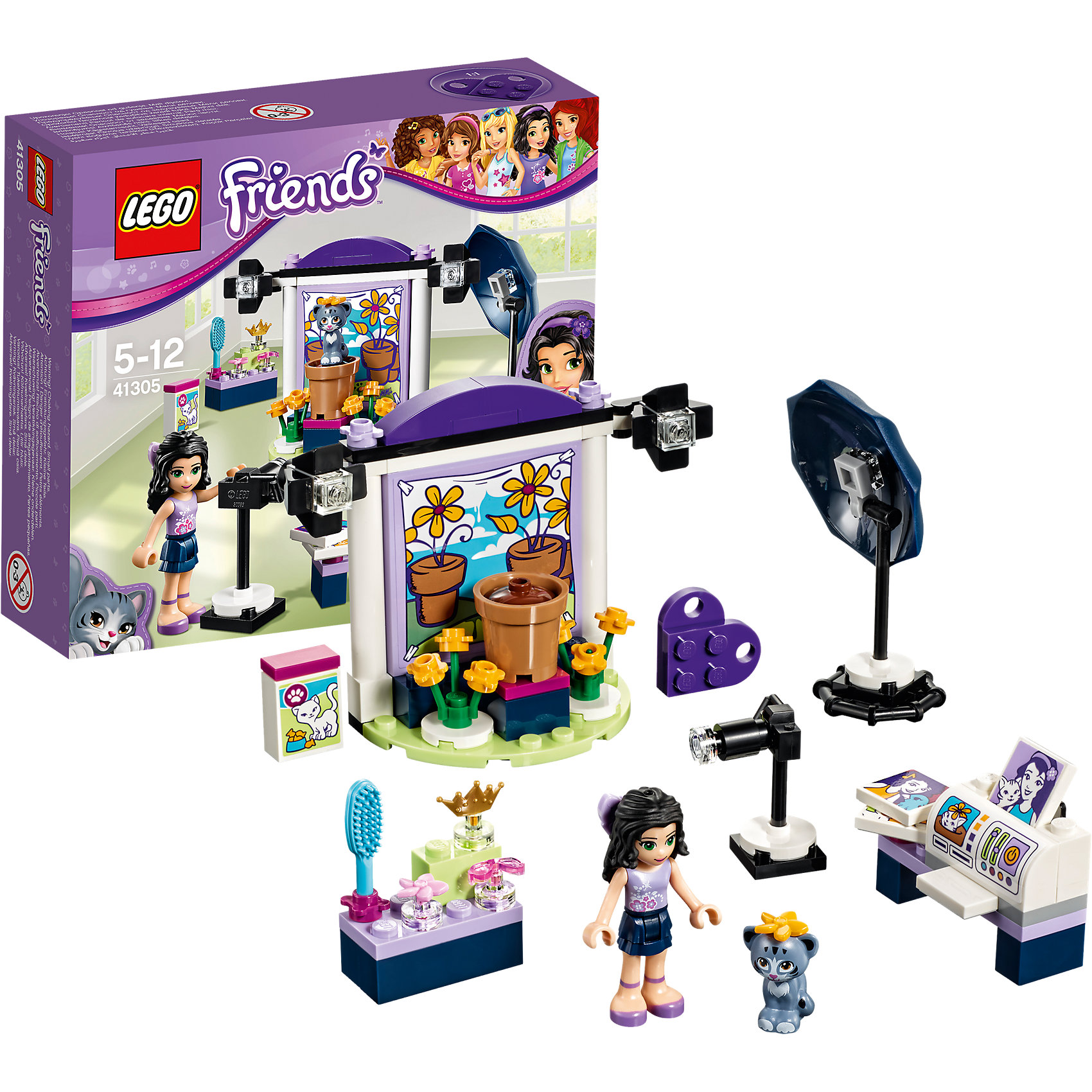 LEGO Friends 41305: Фотостудия Эммы LEGO Friends 41305: Фотостудия ЭммыПластмассовые конструкторы<br>LEGO Friends 41305: Фотостудия Эммы<br><br>Характеристики:<br><br>- в набор входит: детали студии, котенок, фигурка Эммы, аксессуары, красочная инструкция<br>- состав: пластик<br>- количество деталей: 96<br>- размер стойки с декорациями: 9 * 4 * 7 см.<br>- размер стола: 4 * 1 * 3 см.<br>- для детей в возрасте: от 5 до 12 лет<br>- Страна производитель: Дания/Китай/Чехия<br><br>Легендарный конструктор LEGO (ЛЕГО) представляет серию «Friends» (Друзья) в которую входят наборы конструкторов интересных не только в строительстве, но и в игре. <br><br>Серия разработана с учетом различных повседневных ситуаций и мест. Эта прекрасная студия с необходимым оборудованием поможет Эмме сделать великолепные фото своего котенка. Сначала она подготавливает его за специальным столиком с щеткой и аксессуарами. Декорации сегодняшней съемки – сад. Сама фигурка Эммы отлично проработана, ее рельефные волосы уложены в аккуратную прическу, а наряд отлично подходит для фотосессии – блестящий топ и двух ярусная синяя юбочка. Фигурка может двигать головой, руками, торсом и принимать сидячее положение. Фигурка котенка надежно вставляется в детали лего, а благодаря специальному отверстию можно надевать и снимать бантики или цветочек. Квадратные детали «печатаются» на принтере и их можно вешать на стены как картины в других наборах ЛЕГО. <br><br>Играя с конструктором ребенок развивает моторику рук, воображение и логическое мышление, научится собирать по инструкции и создавать свои модели. Придумывайте новые истории любимых героев с набором LEGO «Friends»!<br><br>Конструктор LEGO Friends 41305: Фотостудия Эммы можно купить в нашем интернет-магазине.<br><br>Ширина мм: 160<br>Глубина мм: 139<br>Высота мм: 45<br>Вес г: 130<br>Возраст от месяцев: 60<br>Возраст до месяцев: 144<br>Пол: Женский<br>Возраст: Детский<br>SKU: 5002488