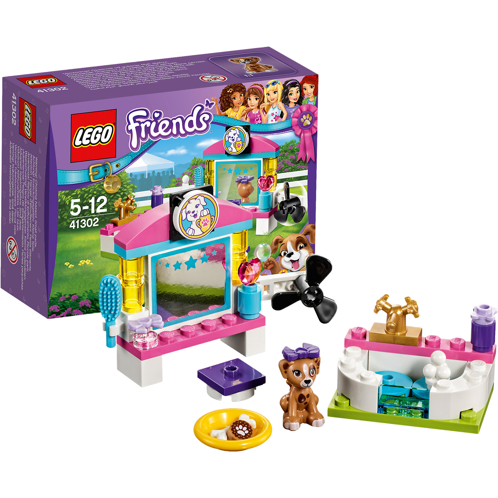 LEGO Friends 41302: Выставка щенков: Салон красоты LEGO Friends 41302: Выставка щенков: Салон красотыПластмассовые конструкторы<br>LEGO Friends 41302: Выставка щенков: Салон красоты<br><br>Характеристики:<br><br>- в набор входит: детали салона, щенок Лара, аксессуары, красочная инструкция<br>- состав: пластик<br>- количество деталей: 45<br>- размер туалетного столика: 8 * 3 * 6 см.<br>- размер ванны: 3 * 4 * 3 см.<br>- для детей в возрасте: от 5 до 12 лет<br>- Страна производитель: Дания/Китай/Чехия<br><br>Легендарный конструктор LEGO (ЛЕГО) представляет серию «Friends» (Друзья) в которую входят наборы конструкторов интересных не только в строительстве, но и в игре. <br><br>Серия разработана с учетом различных повседневных ситуаций и мест. Готовь чемпионов к выставке щенков в новом салоне красоты! В набор входит красивая ванная с шариками для мыльных пузырей, шампунем и золотым краном. За туалетным столиком высуши шерстку с помощью большого фена, расчеши щенка и подбери ему бантик. Справа стоит красивый флакончик духов. Будущий чемпион может посмотреть себя в зеркало. А после трудной подготовки дай щенку вкусное лакомство! Фигурка щенка Лары вставляется в детали лего, чтобы она не упала, а благодаря специальному отверстию, можно одевать и снимать красивый бантик. <br><br>Играя с конструктором ребенок развивает моторику рук, воображение и логическое мышление, научится собирать по инструкции и создавать свои модели. Придумывайте новые истории любимых героев с набором LEGO «Friends»!<br><br>Конструктор LEGO Friends 41302: Выставка щенков: Салон красоты можно купить в нашем интернет-магазине.<br><br>Ширина мм: 124<br>Глубина мм: 93<br>Высота мм: 50<br>Вес г: 58<br>Возраст от месяцев: 60<br>Возраст до месяцев: 144<br>Пол: Женский<br>Возраст: Детский<br>SKU: 5002491