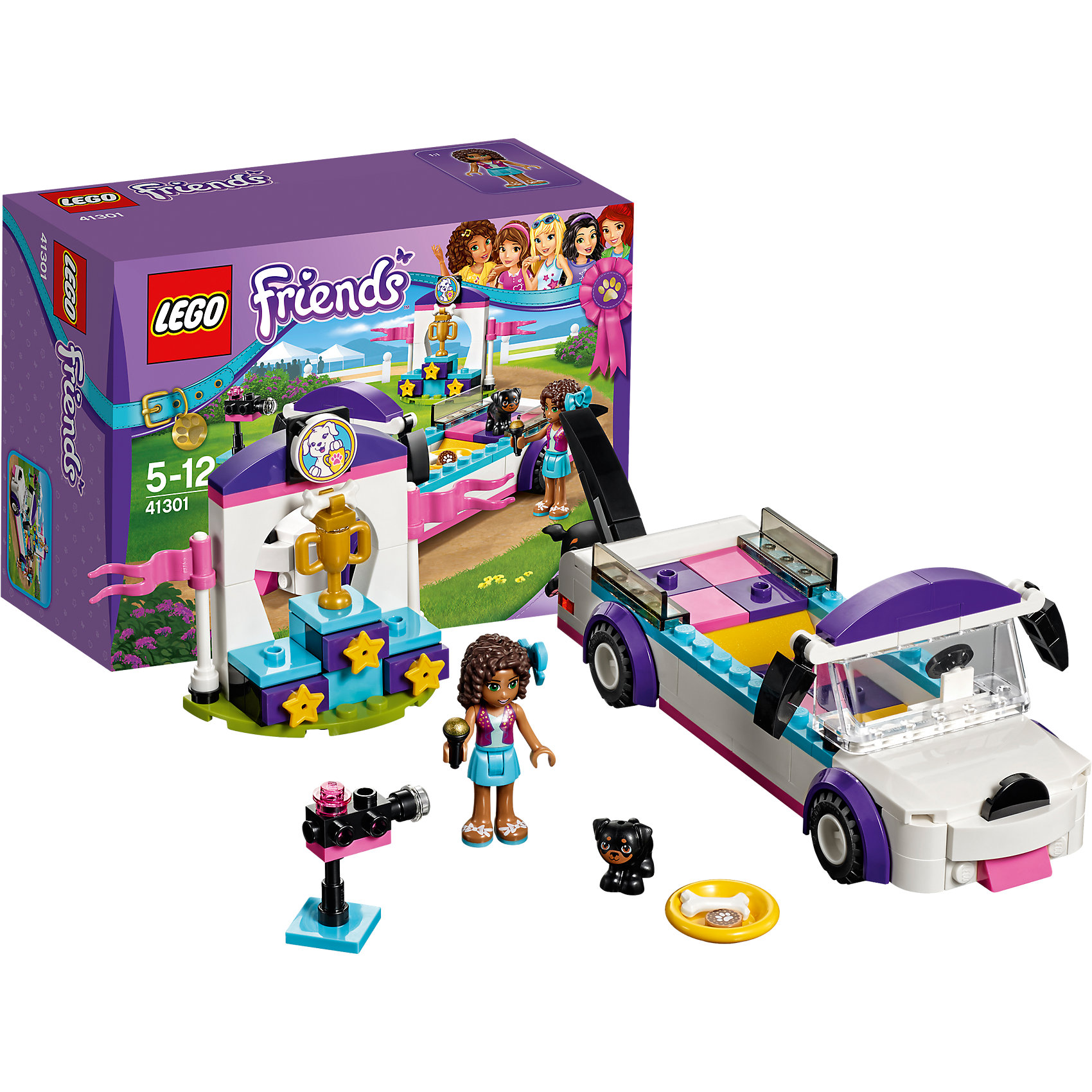 LEGO Friends 41301: Выставка щенков: Награждение LEGO Friends 41301: Выставка щенков: НаграждениеПластмассовые конструкторы<br>LEGO Friends 41301: Выставка щенков: Награждение<br><br>Характеристики:<br><br>- в набор входит: детали для лимузина и пьедестала, фигурка Андреа, щенок Аполло, аксессуары, красочная инструкция<br>- состав: пластик<br>- количество деталей: 145<br>- размер лимузина: 15 * 5 * 5 см.<br>- размер пьедестала: 11 * 2 * 7 см.<br>- для детей в возрасте: от 5 до 12 лет<br>- Страна производитель: Дания/Китай/Чехия<br><br>Легендарный конструктор LEGO (ЛЕГО) представляет серию «Friends» (Друзья) в которую входят наборы конструкторов интересных не только в строительстве, но и в игре. <br><br>Серия разработана с учетом различных повседневных ситуаций и мест. Оправляйся на парад победителя вместе с Андреа! Первоклассный лимузин для победителей выставки собак возглавляет парад. Храбрый щенок Аполло занял первое место и едет в лимузине на ярком постаменте. Необычный лимузин выглядит как настоящая собачка, ведь у него даже и нос имеется! Андреа ведет репортаж по телевидению и рассказывает все о победителе сложного конкурса. В набор входит пьедестал для победителя и золотой кубок. В качестве бонуса щенок Аполло получает вкусное лакомство. Сама фигурка Андреа отлично проработана, ее рельефные волосы уложены в красивую прическу, в волосы она вставила нежный бантик. Ее наряд отлично подходит для такой выставки – блестящий топ, жилетка и простая голубая юбочка. Фигурка может двигать головой, руками, торсом и принимать сидячее положение. <br><br>Фигурка щенка вставляется в детали лего, чтобы он не упал, благодаря специальному отверстию, можно одевать и снимать бантик. Играя с конструктором ребенок развивает моторику рук, воображение и логическое мышление, научится собирать по инструкции и создавать свои модели. Придумывайте новые истории любимых героев с набором LEGO «Friends»!<br><br>Конструктор LEGO Friends 41301: Выставка щенков: Награждение можно купить в нашем интернет-магазине.<br><br>Ширина мм: 195<br>Глубина мм: 144<br>Высота мм: 93<br>Вес г: 247<br>Возраст от месяцев: 60<br>Возраст до месяцев: 144<br>Пол: Женский<br>Возраст: Детский<br>SKU: 5002492