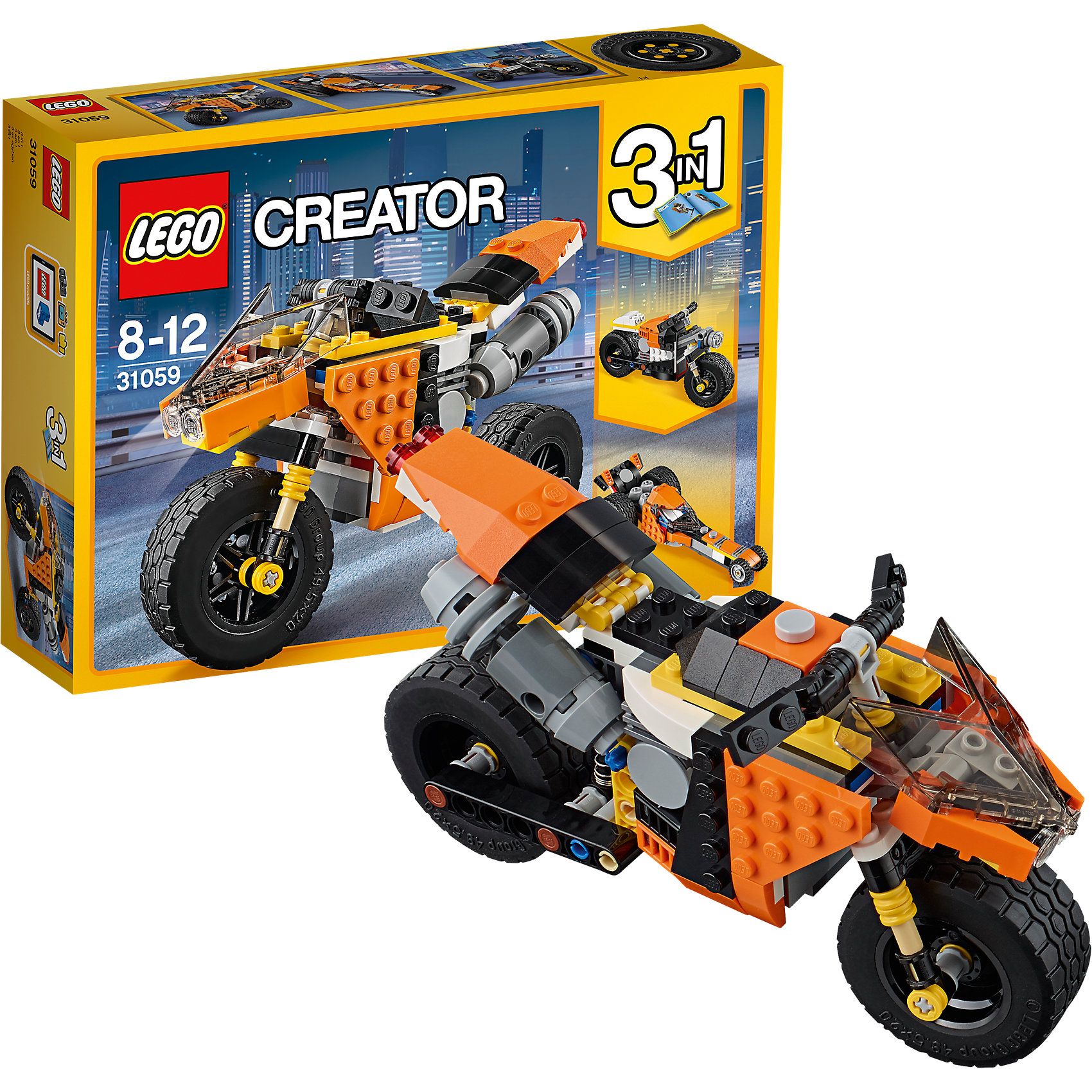 LEGO Creator 31059: Оранжевый мотоцикл LEGO Creator 31059: Оранжевый мотоциклПластмассовые конструкторы<br>LEGO Creator 31059: Оранжевый мотоцикл<br><br>Характеристики:<br><br>- в набор входит: детали для мотоцикла, красочная инструкция<br>- состав: пластик<br>- количество деталей: 194<br>- размер гоночного мотоцикла: 18 * 7 * 12 см.<br>- размер дорожного мотоцикла: 17 * 7 * 10 см.<br>- размер гоночной машины: 19 * 7 * 8 см.<br>- для детей в возрасте: от 8 до 12 лет<br>- Страна производитель: Дания/Китай/Чехия<br><br>Легендарный конструктор LEGO (ЛЕГО) представляет серию «Creator» (Криэйтор), которая позволяет детям экспериментировать с домами, машинами, самолетами и существами. Каждый набор этой серии подразумевает перестройку тремя разными способами убирая ограничения веселья! Набор Оранжевый мотоцикл понравится юным любителям мотоциклов и гонок. Реалистичный гоночный мотоцикл с вилкой для переднего колеса и имитацией амортизации, а так же с подвижной регулировкой заднего колеса приведет ребенка в восторг! Можно перестроить мотоцикл в дорожную модель с имитацией зеркал дальнего вида. Во всех моделях мотоциклов можно двигать передним колесом с помощью руля. Мотоциклы можно перестроить в классический гоночный болид и выигрывать автомобильные гонки. Играя с конструктором ребенок развивает моторику рук, воображение и логическое мышление, научится собирать по инструкции и создавать свои модели. Придумывайте новые игры с набором LEGO «Creator»!<br><br>Конструктор LEGO Creator 31059: Оранжевый мотоцикл можно купить в нашем интернет-магазине.<br><br>Ширина мм: 264<br>Глубина мм: 188<br>Высота мм: 65<br>Вес г: 349<br>Возраст от месяцев: 96<br>Возраст до месяцев: 144<br>Пол: Мужской<br>Возраст: Детский<br>SKU: 5002494