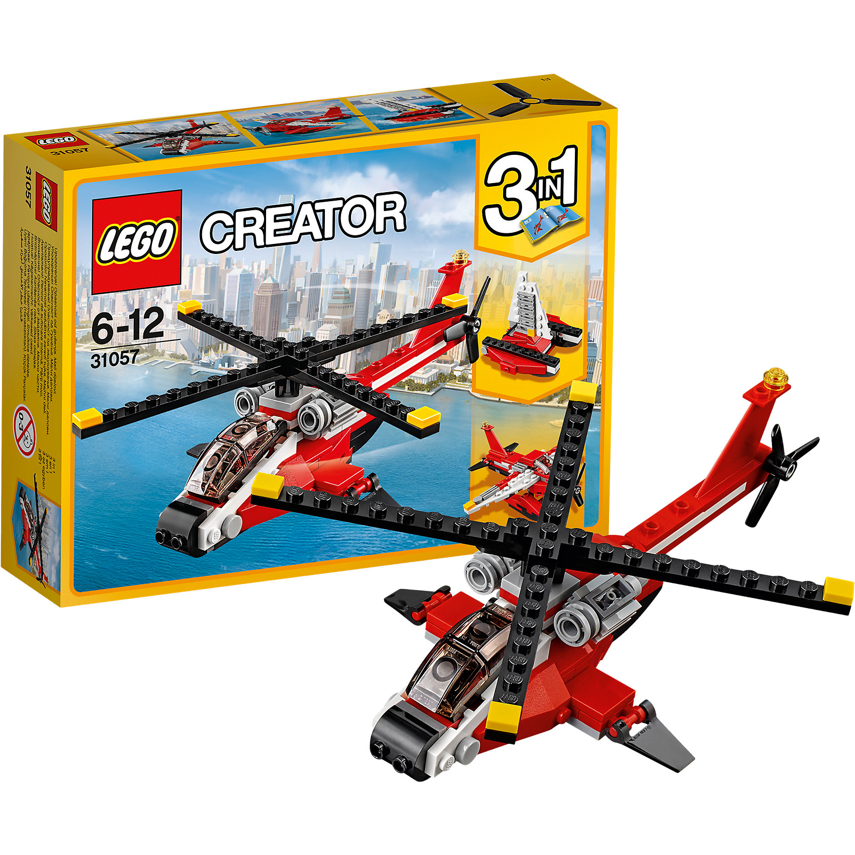 LEGO Creator 31057: Красный вертолёт LEGO Creator 31057: Красный вертолётПластмассовые конструкторы<br>LEGO Creator 31057: Красный вертолёт<br><br>Характеристики:<br><br>- в набор входит: детали для вертолета, красочная инструкция<br>- состав: пластик<br>- количество деталей: 102<br>- размер вертолета: 21 * 5 * 16 см.<br>- размер самолета: 14 * 14 * 6 см.<br>- размер парусника: 8 * 7 * 8 см.<br>- для детей в возрасте: от 6 до 12 лет<br>- Страна производитель: Дания/Китай/Чехия<br><br>Легендарный конструктор LEGO (ЛЕГО) представляет серию «Creator» (Криэйтор), которая позволяет детям экспериментировать с домами, машинами, самолетами и существами. Каждый набор этой серии подразумевает перестройку тремя разными способами убирая ограничения веселья! Набор Красный вертолёт понравится юным любителям самолетов и лодок. Реалистичный красный вертолет с двумя убирающимися подножками для приземления может быть перестроен в самолет, который может приземляться на воду, а также в парусник. Красно-белый цвет вертолета может олицетворять пожарных или медиков, создавая простор для творчества. Если у ребенка уже есть другие наборы ЛЕГО, то можно с их помощью достроить свои детали. Играя с конструктором ребенок развивает моторику рук, воображение и логическое мышление, научится собирать по инструкции и создавать свои модели. Придумывайте новые игры с набором LEGO «Creator»!<br><br>Конструктор LEGO Creator 31057: Красный вертолёт можно купить в нашем интернет-магазине.<br><br>Ширина мм: 193<br>Глубина мм: 140<br>Высота мм: 50<br>Вес г: 175<br>Возраст от месяцев: 72<br>Возраст до месяцев: 144<br>Пол: Мужской<br>Возраст: Детский<br>SKU: 5002495