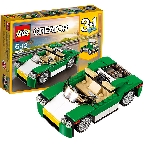 LEGO Creator 31056: Зелёный кабриолет LEGO Creator 31056: Зелёный кабриолетПластмассовые конструкторы<br>LEGO Creator 31056: Зелёный кабриолет<br><br>Характеристики:<br><br>- в набор входит: детали для машины, красочная инструкция<br>- состав: пластик<br>- количество деталей: 122<br>- размер кабриолета: 12 * 3 * 6 см.<br>- размер грузовика: 10 * 6 * 6 см.<br>- размер скоростной лодки: 12 * 3 * 6 см.<br>- для детей в возрасте: от 6 до 12 лет<br>- Страна производитель: Дания/Китай/Чехия<br><br>Легендарный конструктор LEGO (ЛЕГО) представляет серию «Creator» (Криэйтор), которая позволяет детям экспериментировать с домами, машинами, самолетами и существами. Каждый набор этой серии подразумевает перестройку тремя разными способами убирая ограничения веселья! Набор Зелёный кабриолет понравится юным любителям автомобилей и гонок. Кабриолет красивых зеленых, бежевых и белых цветов может быть перестроена в грузовик или гоночный катер. Все детали отлично проработаны и прекрасно сочетаются при перемещении цветных деталей. Если у ребенка уже есть другие наборы ЛЕГО, то можно с их помощью достроить свои детали. Играя с конструктором ребенок развивает моторику рук, воображение и логическое мышление, научится собирать по инструкции и создавать свои модели. Придумывайте новые игры с набором LEGO «Creator»!<br><br>Конструктор LEGO Creator 31056: Зелёный кабриолет можно купить в нашем интернет-магазине.<br><br>Ширина мм: 192<br>Глубина мм: 140<br>Высота мм: 50<br>Вес г: 200<br>Возраст от месяцев: 72<br>Возраст до месяцев: 144<br>Пол: Мужской<br>Возраст: Детский<br>SKU: 5002496