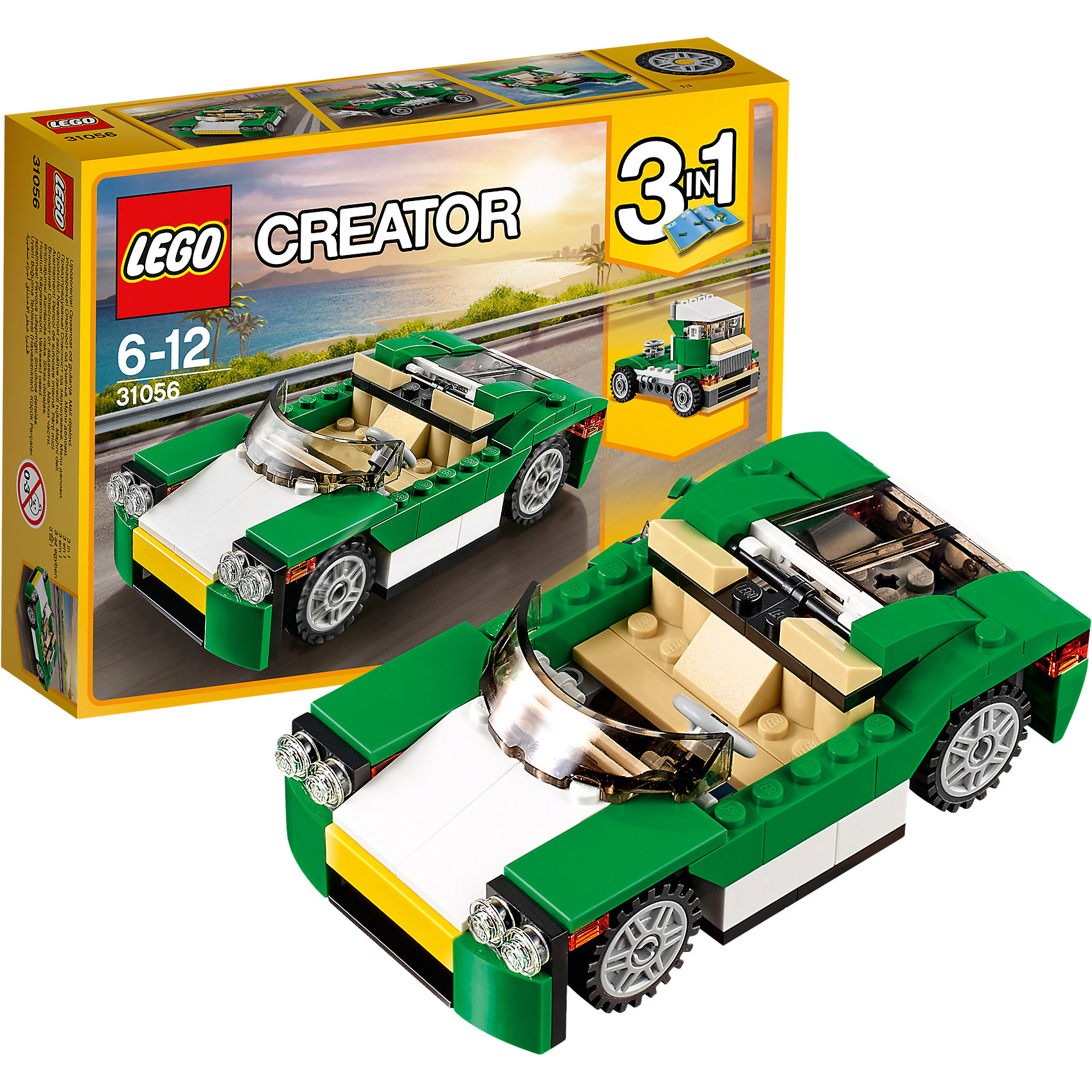 LEGO Creator 31056: Зелёный кабриолет LEGO Creator 31056: Зелёный кабриолетПластмассовые конструкторы<br>LEGO Creator 31056: Зелёный кабриолет<br><br>Характеристики:<br><br>- в набор входит: детали для машины, красочная инструкция<br>- состав: пластик<br>- количество деталей: 122<br>- размер кабриолета: 12 * 3 * 6 см.<br>- размер грузовика: 10 * 6 * 6 см.<br>- размер скоростной лодки: 12 * 3 * 6 см.<br>- для детей в возрасте: от 6 до 12 лет<br>- Страна производитель: Дания/Китай/Чехия<br><br>Легендарный конструктор LEGO (ЛЕГО) представляет серию «Creator» (Криэйтор), которая позволяет детям экспериментировать с домами, машинами, самолетами и существами. Каждый набор этой серии подразумевает перестройку тремя разными способами убирая ограничения веселья! Набор Зелёный кабриолет понравится юным любителям автомобилей и гонок. Кабриолет красивых зеленых, бежевых и белых цветов может быть перестроена в грузовик или гоночный катер. Все детали отлично проработаны и прекрасно сочетаются при перемещении цветных деталей. Если у ребенка уже есть другие наборы ЛЕГО, то можно с их помощью достроить свои детали. Играя с конструктором ребенок развивает моторику рук, воображение и логическое мышление, научится собирать по инструкции и создавать свои модели. Придумывайте новые игры с набором LEGO «Creator»!<br><br>Конструктор LEGO Creator 31056: Зелёный кабриолет можно купить в нашем интернет-магазине.<br><br>Ширина мм: 192<br>Глубина мм: 140<br>Высота мм: 50<br>Вес г: 200<br>Возраст от месяцев: 72<br>Возраст до месяцев: 144<br>Пол: Мужской<br>Возраст: Детский<br>SKU: 5002496