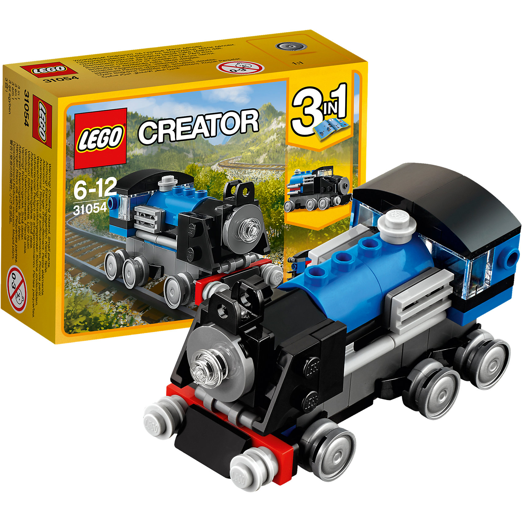 LEGO Creator 31054: Голубой экспресс LEGO Creator 31054: Голубой экспрессПластмассовые конструкторы<br>LEGO Creator 31054: Голубой экспресс<br><br>Характеристики:<br><br>- в набор входит: детали для экспресса, красочная инструкция<br>- состав: пластик<br>- количество деталей: 71<br>- размер экспресса: 9 * 4 * 4 см.<br>- размер локомотива: 8 * 4 * 4 см.<br>- размер вагона: 6 * 3 * 3 см.<br>- для детей в возрасте: от 6 до 12 лет<br>- Страна производитель: Дания/Китай/Чехия<br><br>Легендарный конструктор LEGO (ЛЕГО) представляет серию «Creator» (Криэйтор), которая позволяет детям экспериментировать с домами, машинами, самолетами и существами. Каждый набор этой серии подразумевает перестройку тремя разными способами убирая ограничения веселья! Набор Голубой экспресс понравится юным любителям поездов и локомотивов. Поезд классических серых, черных и голубых цветов может быть перестроен в локомотив, скоростной поезд или вагончик, а если захочет, то и свою уникальную модель. Все детали отлично проработаны и прекрасно сочетаются. При наличии нескольких таких наборов можно конструировать и прицеплять вагоны к Голубому экспрессу, а если у ребенка уже есть другие детали ЛЕГО, то можно с их помощью достроить свои вагончики или детали. Играя с конструктором ребенок развивает моторику рук, воображение и логическое мышление, научится собирать по инструкции и создавать свои модели. Придумывайте новые игры с набором LEGO «Creator»!<br><br>Конструктор LEGO Creator 31054: Голубой экспресс можно купить в нашем интернет-магазине.<br><br>Ширина мм: 121<br>Глубина мм: 91<br>Высота мм: 47<br>Вес г: 80<br>Возраст от месяцев: 72<br>Возраст до месяцев: 144<br>Пол: Мужской<br>Возраст: Детский<br>SKU: 5002498