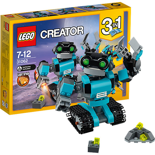 LEGO Creator 31062: Робот-исследователь LEGO Creator 31062: Робот-исследовательКонструкторы Лего<br>LEGO Creator 31062: Робот-исследователь<br><br>Характеристики:<br><br>- в набор входит: детали для робота, элементы питания, красочная инструкция<br>- состав: пластик<br>- количество деталей: 205<br>- элементы питания: батарейки<br>- высота робота-исследователя: 11 см.<br>- высота робота-собаки: 7 см.<br>- высота робота-птицы: 8 см.<br>- для детей в возрасте: от 7 до 12 лет<br>- Страна производитель: Дания/Китай/Чехия<br><br>Легендарный конструктор LEGO (ЛЕГО) представляет серию «Creator» (Криэйтор), которая позволяет детям экспериментировать с домами, машинами, самолетами и существами. Каждый набор этой серии подразумевает перестройку тремя разными способами убирая ограничения веселья! Набор Робот-исследователь понравится юным любителям техники, роботов и технологий, ведь с ним вы можете устроить свое уникальное исследование. В набор входит специальная светящаяся деталь ЛЕГО, в которой уже находятся элементы питания. Робот-исследователь освещает неизведанные участки с помощью этой детали. Робот двигается на специальных гусеницах построенных их ЛЕГО деталей, его руки на шарнирах и могут двигаться по все стороны, кисть с пальцами тоже двигается, пальцы сжимаются, чтобы можно было поднимать ею объекты исследования. Исследователя можно перестроить в робота-собаку со светящимся рюкзаком для полетов или в робота-птицу с подвижными крыльями и светящимися глазами. Играя с конструктором ребенок развивает моторику рук, воображение и логическое мышление, научится собирать по инструкции и создавать свои модели. Придумывайте новые игры с набором LEGO «Creator»!<br><br>Конструктор LEGO Creator 31062: Робот-исследователь можно купить в нашем интернет-магазине.<br><br>Ширина мм: 265<br>Глубина мм: 189<br>Высота мм: 51<br>Вес г: 304<br>Возраст от месяцев: 84<br>Возраст до месяцев: 144<br>Пол: Мужской<br>Возраст: Детский<br>SKU: 5002499