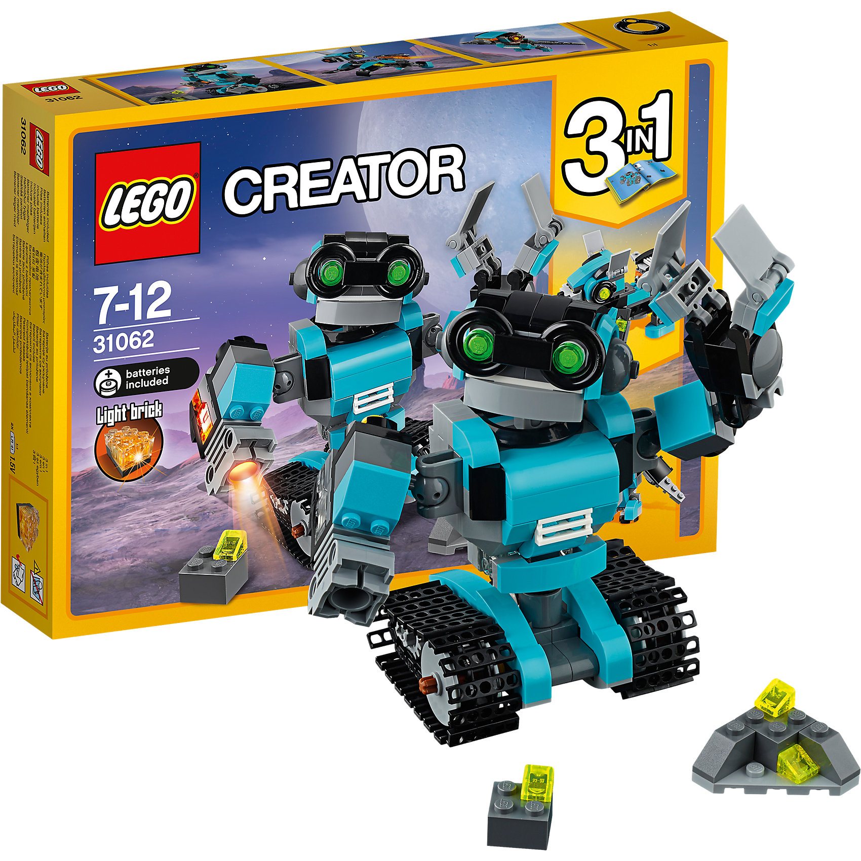 LEGO Creator 31062: Робот-исследователь LEGO Creator 31062: Робот-исследовательПластмассовые конструкторы<br>LEGO Creator 31062: Робот-исследователь<br><br>Характеристики:<br><br>- в набор входит: детали для робота, элементы питания, красочная инструкция<br>- состав: пластик<br>- количество деталей: 205<br>- элементы питания: батарейки<br>- высота робота-исследователя: 11 см.<br>- высота робота-собаки: 7 см.<br>- высота робота-птицы: 8 см.<br>- для детей в возрасте: от 7 до 12 лет<br>- Страна производитель: Дания/Китай/Чехия<br><br>Легендарный конструктор LEGO (ЛЕГО) представляет серию «Creator» (Криэйтор), которая позволяет детям экспериментировать с домами, машинами, самолетами и существами. Каждый набор этой серии подразумевает перестройку тремя разными способами убирая ограничения веселья! Набор Робот-исследователь понравится юным любителям техники, роботов и технологий, ведь с ним вы можете устроить свое уникальное исследование. В набор входит специальная светящаяся деталь ЛЕГО, в которой уже находятся элементы питания. Робот-исследователь освещает неизведанные участки с помощью этой детали. Робот двигается на специальных гусеницах построенных их ЛЕГО деталей, его руки на шарнирах и могут двигаться по все стороны, кисть с пальцами тоже двигается, пальцы сжимаются, чтобы можно было поднимать ею объекты исследования. Исследователя можно перестроить в робота-собаку со светящимся рюкзаком для полетов или в робота-птицу с подвижными крыльями и светящимися глазами. Играя с конструктором ребенок развивает моторику рук, воображение и логическое мышление, научится собирать по инструкции и создавать свои модели. Придумывайте новые игры с набором LEGO «Creator»!<br><br>Конструктор LEGO Creator 31062: Робот-исследователь можно купить в нашем интернет-магазине.<br><br>Ширина мм: 264<br>Глубина мм: 188<br>Высота мм: 50<br>Вес г: 301<br>Возраст от месяцев: 84<br>Возраст до месяцев: 144<br>Пол: Мужской<br>Возраст: Детский<br>SKU: 5002499