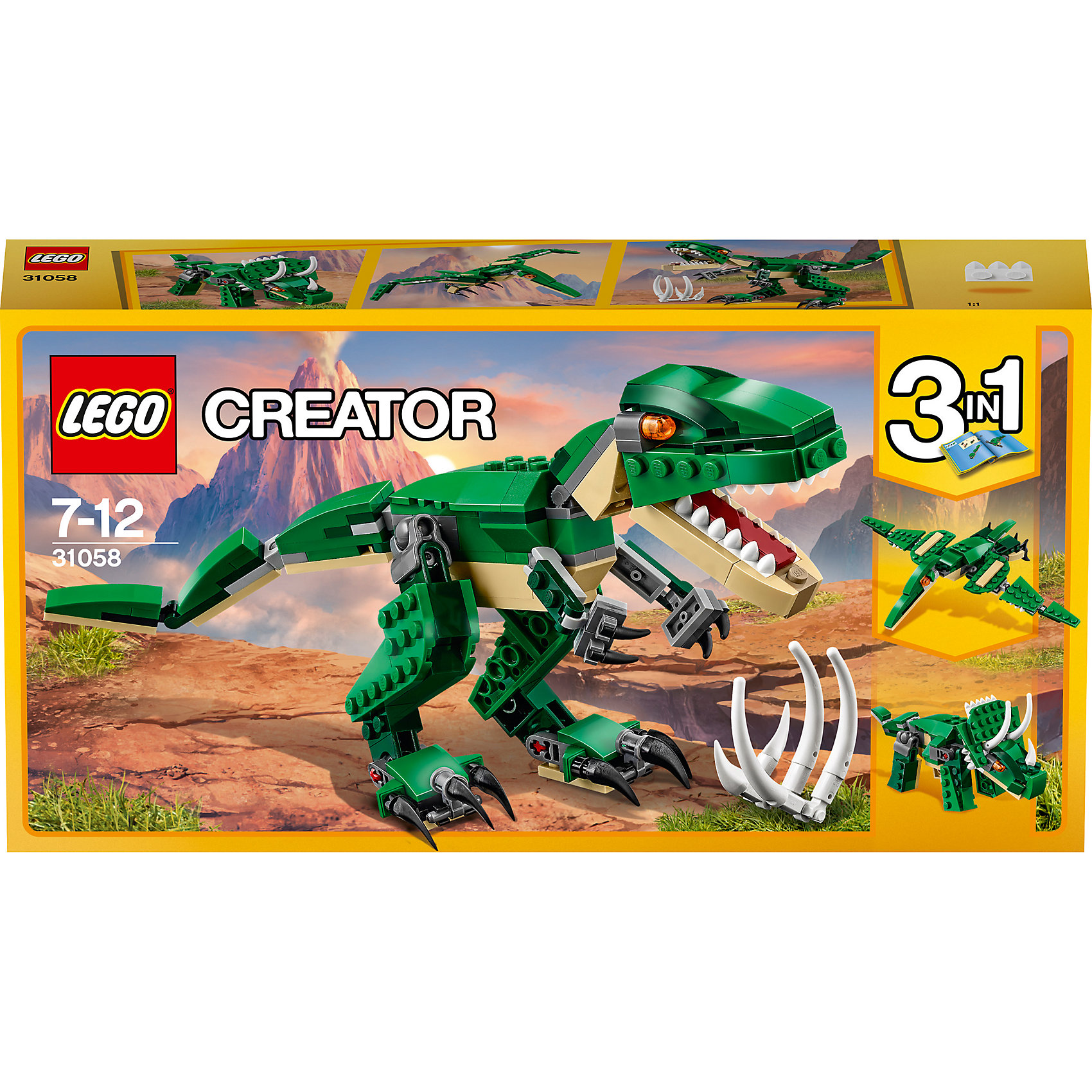 LEGO Creator 31058: Грозный динозавр LEGO Creator 31058: Грозный динозаврПластмассовые конструкторы<br>LEGO Creator 31058: Грозный динозавр<br><br>Характеристики:<br><br>- в набор входит: детали для динозавра, красочная инструкция<br>- состав: пластик<br>- количество деталей: 174<br>- высота тираннозавра: 11 см.<br>- высота трицератопса: 9 см.<br>- размер птеродактиля: 25 * 4 * 18 см.<br>- для детей в возрасте: от 7 до 12 лет<br>- Страна производитель: Дания/Китай/Чехия<br><br>Легендарный конструктор LEGO (ЛЕГО) представляет серию «Creator» (Криэйтор), которая позволяет детям экспериментировать с домами, машинами, самолетами и существами. Каждый набор этой серии подразумевает перестройку тремя разными способами убирая ограничения веселья! Набор Красный вертолёт понравится юным любителям динозавтров. Реалистичный тираннозавр с подвижными конечностями и открывающейся пастью перестраивается в летающего птеродактиля или в мощного травоядного трицератопса. При наличии трех таких наборов можно играть сразу с тремя разными динозаврами или построить семью из трех одинаковых. Играя с конструктором ребенок развивает моторику рук, воображение и логическое мышление, научится собирать по инструкции и создавать свои модели. Придумывайте новые игры с набором LEGO «Creator»!<br><br>Конструктор LEGO Creator 31058: Грозный динозавр можно купить в нашем интернет-магазине.<br><br>Ширина мм: 263<br>Глубина мм: 139<br>Высота мм: 50<br>Вес г: 236<br>Возраст от месяцев: 84<br>Возраст до месяцев: 144<br>Пол: Мужской<br>Возраст: Детский<br>SKU: 5002500