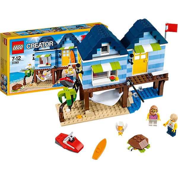 LEGO Creator 31063: Отпуск у моря LEGO Creator 31063: Отпуск у моряПластмассовые конструкторы<br>LEGO Creator 31063: Отпуск у моря<br><br>Характеристики:<br><br>- в набор входит: детали для дома и катера, 2 минифигурки, аксессуары, красочная инструкция<br>- состав: пластик<br>- количество деталей: 275<br>- размер пляжного дома: 27 * 11 * 18 см.<br>- размер бухты: 16 * 9 * 14 см.<br>- размер магазина: 27 * 11 * 18 см.<br>- для детей в возрасте: от 7 до 12 лет<br>- Страна производитель: Дания/Китай/Чехия<br><br>Легендарный конструктор LEGO (ЛЕГО) представляет серию «Creator» (Криэйтор), которая позволяет детям экспериментировать с домами, машинами, самолетами и существами. Каждый набор этой серии подразумевает перестройку тремя разными способами убирая ограничения веселья! Набор Отпуск у моря придет по вкусу каждому поклоннику конструктора. Шикарный складывающийся домик у моря имеет все необходимое для лучшего отдыха. Пальма, морская черепаха, райская птичка, гамак, катер и доска для серфинга. Специальные детали домика, такие как наружные светильники, козырьки над окном и дверью, вентилятор и аквариум с рыбкой добавляют уюта и реалистичности. Дом можно перестроить в магазинчик на берегу и парусную лодку. А можно построить вместо этого бухту и катер побольше. В набор входит минифигурка девушки и минифигурка юноши. Каждая минифигурка отлично проработана и у них есть по два выражения лица. Играя с конструктором ребенок развивает моторику рук, воображение и логическое мышление, научится собирать по инструкции и создавать свои модели. Придумывайте новые игры с набором LEGO «Creator»!<br><br>Конструктор LEGO Creator 31063: Отпуск у моря можно купить в нашем интернет-магазине.<br><br>Ширина мм: 354<br>Глубина мм: 192<br>Высота мм: 63<br>Вес г: 547<br>Возраст от месяцев: 84<br>Возраст до месяцев: 144<br>Пол: Унисекс<br>Возраст: Детский<br>SKU: 5002501