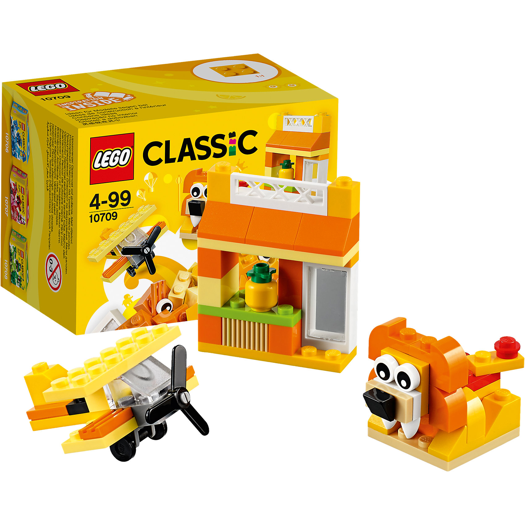 LEGO Classic 10709: Оранжевый набор для творчества LEGO Classic 10709: Оранжевый набор для творчестваПластмассовые конструкторы<br>LEGO Classic 10709: Оранжевый набор для творчества<br><br>Характеристики:<br><br>- в набор входит: детали домика, самолета и льва, аксессуары, красочная инструкция<br>- состав: пластик<br>- количество деталей: 60 <br>- размер упаковки: 12 * 8 * 9 см.<br>- для детей в возрасте: от 4 лет<br>- Страна производитель: Дания/Китай/Чехия<br><br>Легендарный конструктор LEGO (ЛЕГО) представляет серию «Classic» (Классик), предназначенную для свободного конструирования. В наборы этой серии включены разнообразные детали, позволяющие строить в свое удовольствие и на свое усмотрение. Оранжевый набор для творчества включает в себя детали с колесиками, две детали глаз, прозрачную деталь ветрового стекла и стандартные детали. С помощью этого набора можно собрать по инструкции льва, дом и самолет, а также придумать свои транспортные средства, своих животных и свой домик. В оранжевом наборе представлено пять оттенков оранжевого, а также белые, серые, черные и зеленые детали. Красочна инструкция предлагает варианты комбинирования наборов и новые интересные постройки. Играя с конструктором ребенок развивает моторику рук, воображение и логическое мышление. Воплотите в жизнь свои идеи с помощью набора LEGO «Classic»!<br><br>Конструктор LEGO Classic 10709: Оранжевый набор для творчества можно купить в нашем интернет-магазине.<br><br>Ширина мм: 122<br>Глубина мм: 90<br>Высота мм: 79<br>Вес г: 91<br>Возраст от месяцев: 48<br>Возраст до месяцев: 144<br>Пол: Унисекс<br>Возраст: Детский<br>SKU: 5002502
