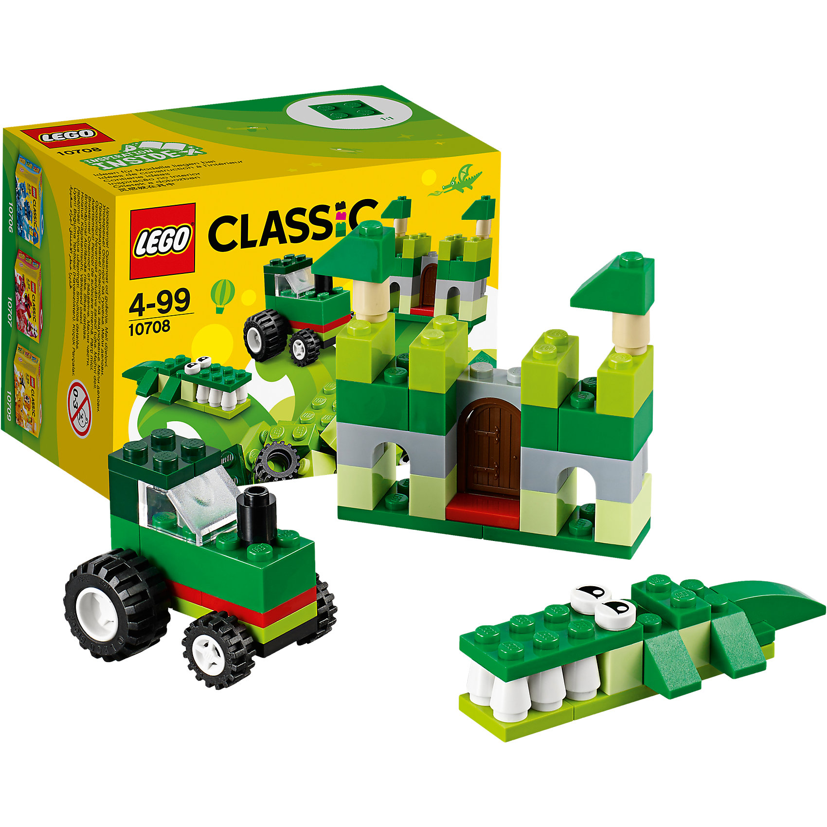 LEGO Classic 10708: Зелёный набор для творчества LEGO Classic 10708: Зелёный набор для творчестваПластмассовые конструкторы<br>LEGO Classic 31065: Зелёный набор для творчества<br><br>Характеристики:<br><br>- в набор входит: детали замка, трактора и крокодила, аксессуары, красочная инструкция<br>- состав: пластик<br>- количество деталей: 66 <br>- размер упаковки: 12 * 8 * 9 см.<br>- для детей в возрасте: от 4 лет<br>- Страна производитель: Дания/Китай/Чехия<br><br>Легендарный конструктор LEGO (ЛЕГО) представляет серию «Classic» (Классик), предназначенную для свободного конструирования. В наборы этой серии включены разнообразные детали, позволяющие строить в свое удовольствие и на свое усмотрение. Зелёный набор для творчества включает в себя детали с колесиками, две детали глаз, прозрачную деталь ветрового стекла и стандартные детали. С помощью этого набора можно собрать по инструкции крокодила, замок и трактор, а также придумать свои транспортные средства, своих животных и свой домик. В зелёном наборе представлено пять оттенков зелёного, а также белые, серые, черные и бежевые детали. Играя с конструктором ребенок развивает моторику рук, воображение и логическое мышление. Воплотите в жизнь свои идеи с помощью набора LEGO «Classic»!<br><br>Конструктор LEGO Classic 31065: Зелёный набор для творчества можно купить в нашем интернет-магазине.<br><br>Ширина мм: 123<br>Глубина мм: 88<br>Высота мм: 78<br>Вес г: 95<br>Возраст от месяцев: 48<br>Возраст до месяцев: 144<br>Пол: Унисекс<br>Возраст: Детский<br>SKU: 5002503
