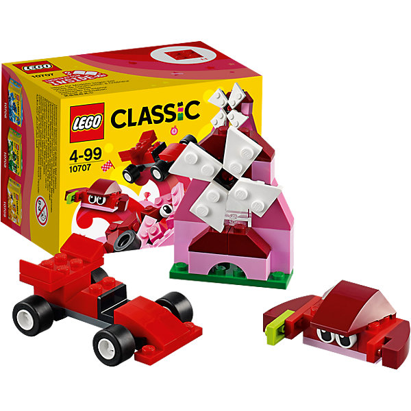 LEGO Classic 10707: Красный набор для творчества LEGO Classic 10707: Красный набор для творчестваПластмассовые конструкторы<br>LEGO Classic 10707: Красный набор для творчества<br><br>Характеристики:<br><br>- в набор входит: детали гоночного болида, мельницы и краба, аксессуары, красочная инструкция<br>- состав: пластик<br>- количество деталей: 55 <br>- размер упаковки: 12 * 8 * 9 см.<br>- для детей в возрасте: от 4 лет<br>- Страна производитель: Дания/Китай/Чехия<br><br>Легендарный конструктор LEGO (ЛЕГО) представляет серию «Classic» (Классик), предназначенную для свободного конструирования. В наборы этой серии включены разнообразные детали, позволяющие строить в свое удовольствие и на свое усмотрение. Красный набор для творчества включает в себя деталь с колесиками, две детали глаз, крутящиеся детали мельницы и стандартные детали. С помощью этого набора можно собрать по инструкции краба, мельницу и гоночную машину, а также придумать свои транспортные средства, своих животных и свой домик. В красном наборе представлено пять оттенков красного, а также белые, зеленые, черные и салатовые детали. Играя с конструктором ребенок развивает моторику рук, воображение и логическое мышление. Воплотите в жизнь свои идеи с помощью набора LEGO «Classic»!<br><br>Конструктор LEGO Classic 10707: Красный набор для творчества можно купить в нашем интернет-магазине.<br><br>Ширина мм: 124<br>Глубина мм: 96<br>Высота мм: 81<br>Вес г: 93<br>Возраст от месяцев: 48<br>Возраст до месяцев: 144<br>Пол: Унисекс<br>Возраст: Детский<br>SKU: 5002504