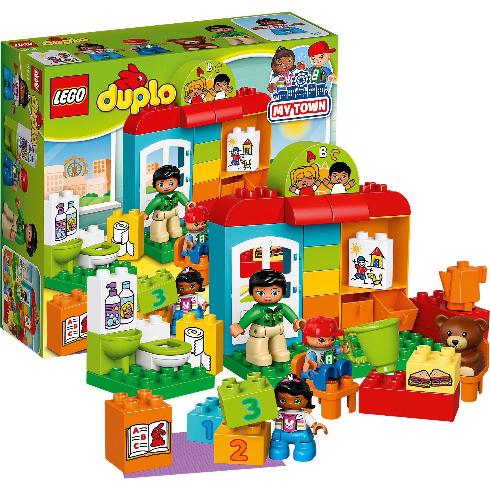 LEGO DUPLO 10833: Детский сад LEGO DUPLO 10833: Детский садПластмассовые конструкторы<br>LEGO DUPLO 10833: Детский сад<br><br>Характеристики:<br><br>- в набор входит: детали, 3 фигурки людей, фигурка мишки, аксессуары, инструкция<br>- состав: пластик<br>- количество деталей: 39<br>- для детей в возрасте: от 2 до 5 лет<br>- Страна производитель: Дания/Китай/Чехия/<br><br>Легендарный конструктор LEGO (ЛЕГО) представляет серию «DUPLO» (Д?пло) для самых маленьких. Крупные детали безопасны для малышей, а интересная тематика, возможность фантазировать, собирать из конструктора свои фигуры и играть в него приведут кроху в восторг! В этом наборе для детей открывает двери детский садик. Добрая воспитательница научит ребят рисовать картинки, считать, читать, даст вкусные бутерброды. В садике есть все необходимое для детишек от игрушек и ящичков до раковины и туалета. В набор также входит небольшой коврик для игр. Каждая фигурка отлично детализирована, в комплекте имеется фигурка воспитательницы, фигурка девочки и мальчика. Мишка может тоже сидеть на стульчике, как и дети. Играя с этим конструктором дети смогут моделировать ситуации, фантазировать, развивать моторику ручек и создавать новые фигуры. <br><br>Конструктор LEGO DUPLO 10833: Детский сад можно купить в нашем интернет-магазине.<br><br>Ширина мм: 286<br>Глубина мм: 261<br>Высота мм: 101<br>Вес г: 603<br>Возраст от месяцев: 24<br>Возраст до месяцев: 60<br>Пол: Унисекс<br>Возраст: Детский<br>SKU: 5002506