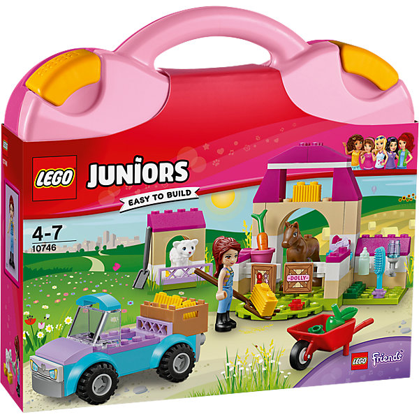 LEGO Juniors 10746: Чемоданчик «Ферма Мии» LEGO Juniors 10746: Чемоданчик «Ферма Мии»Пластмассовые конструкторы<br>LEGO Juniors 10746: Чемоданчик «Ферма Мии»<br><br>Характеристики:<br><br>- в набор входит: детали машины, фермы, 2 фигурки животных, фигурка девочки, аксессуары, красочная инструкция<br>- состав: пластик<br>- количество деталей: 100 <br>- размер чемоданчика: 28 * 6 * 26 см.<br>- размер машины: 9 * 4 * 4 см.<br>- для детей в возрасте: от 4 до 7 лет<br>- Страна производитель: Дания/Китай/Чехия<br><br>Легендарный конструктор LEGO (ЛЕГО) представляет серию «Juniors» (Джуниорс) для новичков в строительстве из конструктора ЛЕГО. Набор «Ферма Мии» включает в себя все необходимое для игры в ферму. Трудолюбивая Мия выращивает на своей ферме лошадку и овечку. Она собирает урожай в небольшую тачку с помощью вил и лопаты и кормит зверей яблоками, морковью и сеном. Ее ферма оснащена всем необходимым для ухода за животными, специальные поилки, бутылочка для еще маленькой овечки, расческа для гладкой и шелковистой шерстки. Мия планирует отвезти животных на фермерскую выставку и получить там первые места. В набор входят два бантика для смены прически девочки. Все детали набора легко собираются и в них можно уже играть. Благодаря удобному пластиковому чемоданчику на защелках конструктор можно эргономично хранить. Играя с конструктором ребенок развивает моторику рук, воображение и логическое мышление. Придумывайте новые игры с набором LEGO «Juniors»!<br><br>Конструктор LEGO Juniors 10746: Чемоданчик «Ферма Мии» можно купить в нашем интернет-магазине.<br><br>Ширина мм: 284<br>Глубина мм: 266<br>Высота мм: 71<br>Вес г: 736<br>Возраст от месяцев: 48<br>Возраст до месяцев: 84<br>Пол: Женский<br>Возраст: Детский<br>SKU: 5002507