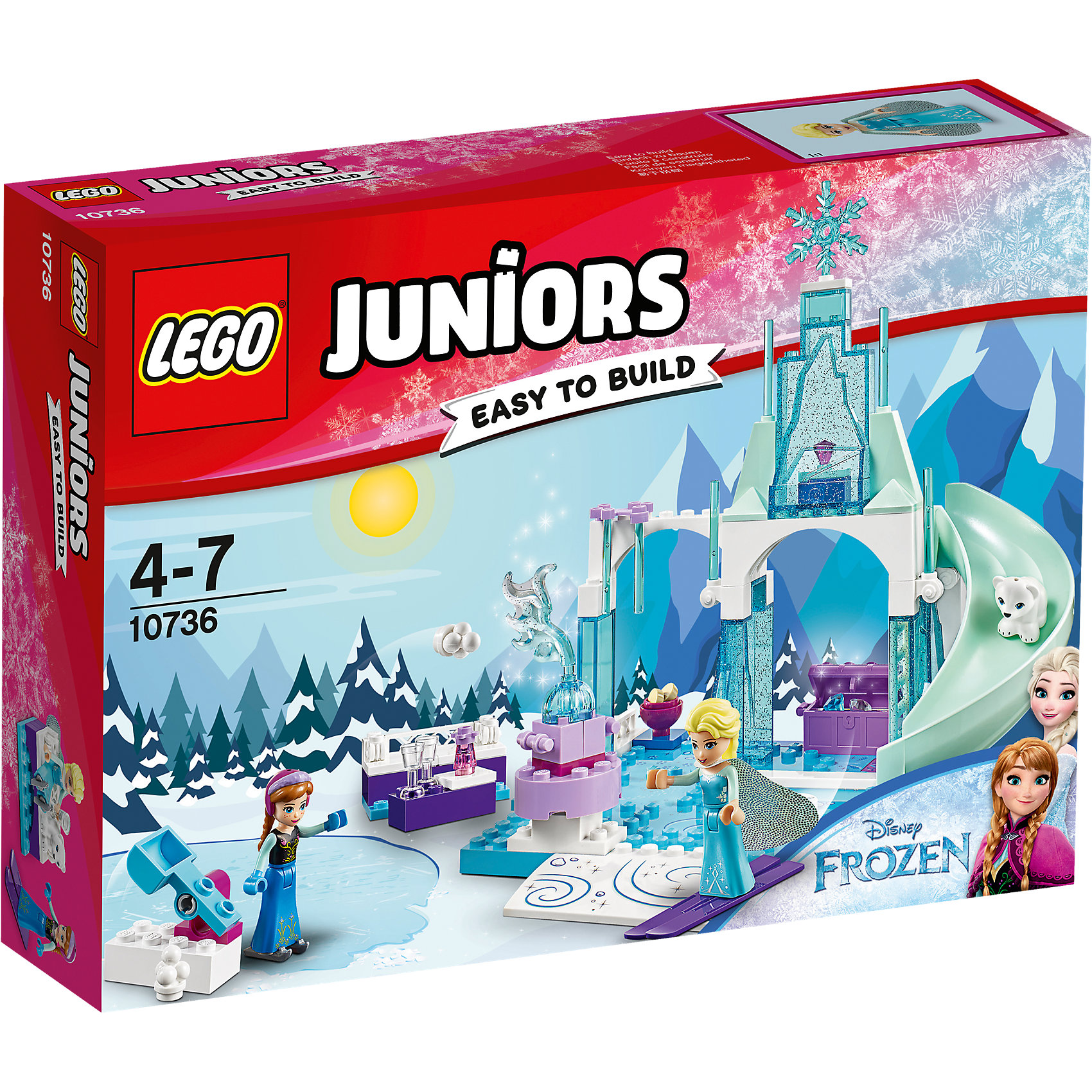 LEGO Juniors 10736: Игровая площадка Эльзы и Анны LEGO Juniors 10736: Игровая площадка Эльзы и АнныПластмассовые конструкторы<br>LEGO Juniors 10736: Игровая площадка Эльзы и Анны<br><br>Характеристики:<br><br>- в набор входит: детали ледяной площадки, 3 фигурки, аксессуары, красочная инструкция<br>- фигурки набора: Анна, Эльза и фигурка белого медвежонка<br>- состав: пластик<br>- количество деталей: 94 <br>- размер упаковки: 26 * 5 * 19 см.<br>- размер ледяной площадки: 20 * 15 * 18 см.<br>- для детей в возрасте: от 4 до 7 лет<br>- Страна производитель: Дания/Китай/Чехия<br><br>Легендарный конструктор LEGO (ЛЕГО) представляет серию «Juniors» (Джуниорс) для новичков в строительстве из конструктора ЛЕГО. Набор «Игровая площадка Эльзы и Анны» включает в себя большую двухуровневую ледяную площадку для игр, украшенную ледяными сосульками, прозрачными деталями с блестками внутри, снежинками, замерзшим фонтаном и наполненную аксессуарами. Большая горка подарит много веселья двум сестрам в морозный день, они могут забираться на нее по лестнице и скатываться вместе с медвежонком. Красивый лиловый сундучок хранит в себе два драгоценных камня. Специальная катапульта для снежков сделает игры девочек со снежками еще интереснее. Эльза взяла с собой свои фиолетовые лыжи, а Анна захватила с собой коньки, сестры очень любят кататься и отлично проводить время вместе! После насыщенных игр Анна и Эльза могут присесть на снежную скамейку с горячими напитками и отдохнуть, в набор входят два кристальных кубка для каждой из девочек и печенье для медвежонка. Благодаря крупным деталям площадку легко строить, а наличие разных тематических аксессуаров позволит игре быть еще более реалистичной. Играя с конструктором ребенок развивает моторику рук, воображение и логическое мышление. Придумывайте новые игры с набором LEGO «Juniors»!<br><br>Конструктор LEGO Juniors 10736: Игровая площадка Эльзы и Анны можно купить в нашем интернет-магазине.<br><br>Ширина мм: 263<br>Глубина мм: 190<br>Высота мм: 60<br>Вес г: 322<br>Возраст от месяцев: 48<br>Возраст до месяцев: 84<br>Пол: Женский<br>Возраст: Детский<br>SKU: 5002510