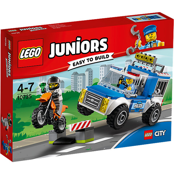 LEGO Juniors 10735: Погоня на полицейском грузовике LEGO Juniors 10735: Погоня на полицейском грузовикеПластмассовые конструкторы<br>LEGO Juniors 10735: Погоня на полицейском грузовике<br><br>Характеристики:<br><br>- в набор входит: детали полицейской машины, мотоцикла, 2 минифигурки, аксессуары, красочная инструкция<br>- минифигурки набора: полицейский и преступник<br>- состав: пластик<br>- количество деталей: 90 <br>- размер упаковки: 26 * 5 * 19 см.<br>- для детей в возрасте: от 4 до 7 лет<br>- Страна производитель: Дания/Китай/Чехия<br><br>Легендарный конструктор LEGO (ЛЕГО) представляет серию «Juniors» (Джуниорс) для новичков в строительстве из конструктора ЛЕГО. Набор «Погоня на полицейском грузовике» включает в себя два транспортных средства: мотоцикл (6 * 3 * 5 см.), полицейская машина (13 * 6 * 8 см.). В полицейской машине имеется отсек для арестованных преступников. В набор входят две минифигурки: самого полицейского в униформе с рацией и наручниками, и преступника в шлеме и с украденным изумрудом. Небольшая постройка со шлагбаумом для засад позволяет игре быть еще более реалистичной. Играя с конструктором ребенок развивает моторику рук, воображение и логическое мышление. Придумывайте новые игры с набором LEGO «Juniors»!<br><br>Конструктор LEGO Juniors 10735: Погоня на полицейском грузовике можно купить в нашем интернет-магазине.<br><br>Ширина мм: 263<br>Глубина мм: 190<br>Высота мм: 48<br>Вес г: 267<br>Возраст от месяцев: 48<br>Возраст до месяцев: 84<br>Пол: Мужской<br>Возраст: Детский<br>SKU: 5002511