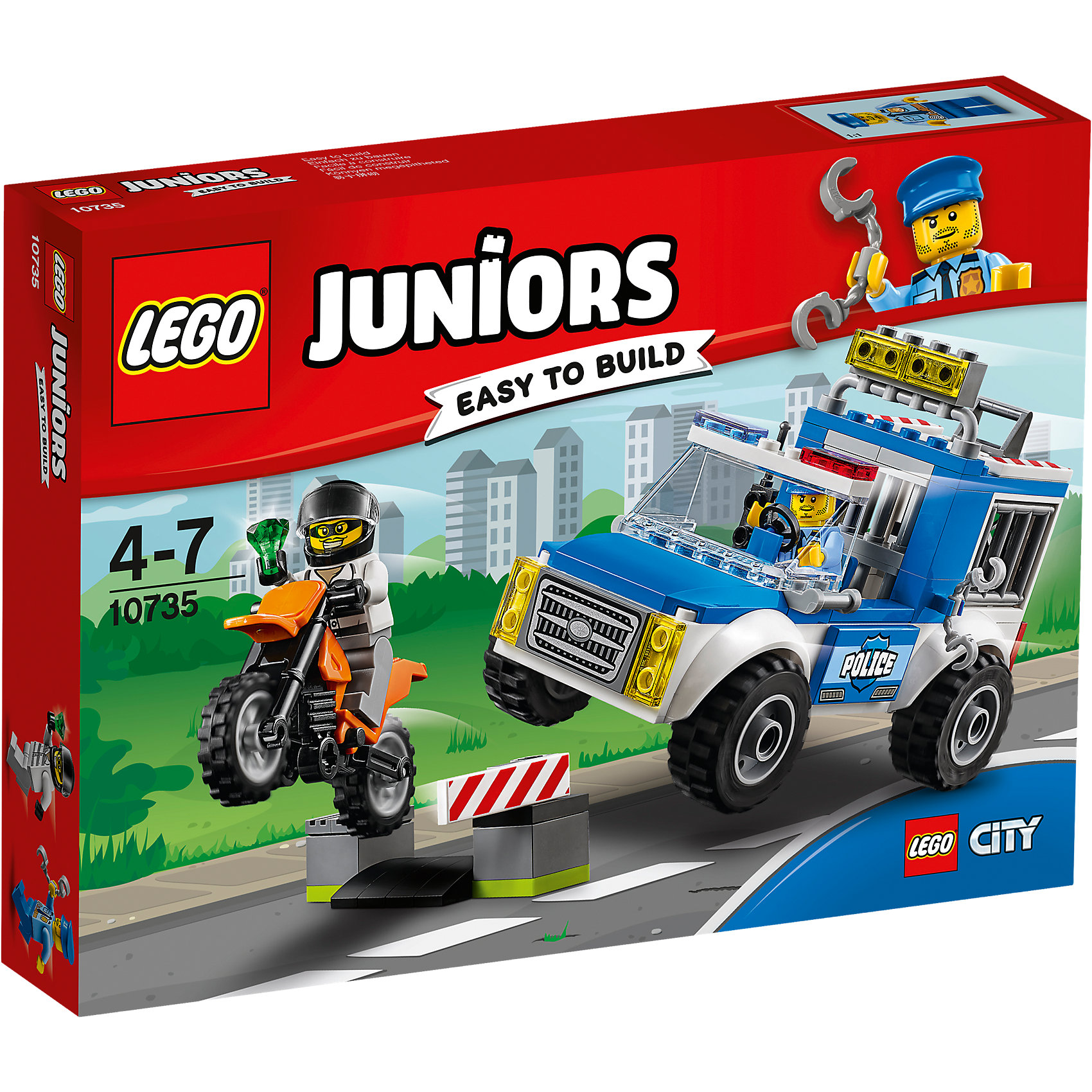 LEGO Juniors 10735: Погоня на полицейском грузовике LEGO Juniors 10735: Погоня на полицейском грузовикеПластмассовые конструкторы<br>LEGO Juniors 10735: Погоня на полицейском грузовике<br><br>Характеристики:<br><br>- в набор входит: детали полицейской машины, мотоцикла, 2 минифигурки, аксессуары, красочная инструкция<br>- минифигурки набора: полицейский и преступник<br>- состав: пластик<br>- количество деталей: 90 <br>- размер упаковки: 26 * 5 * 19 см.<br>- для детей в возрасте: от 4 до 7 лет<br>- Страна производитель: Дания/Китай/Чехия<br><br>Легендарный конструктор LEGO (ЛЕГО) представляет серию «Juniors» (Джуниорс) для новичков в строительстве из конструктора ЛЕГО. Набор «Погоня на полицейском грузовике» включает в себя два транспортных средства: мотоцикл (6 * 3 * 5 см.), полицейская машина (13 * 6 * 8 см.). В полицейской машине имеется отсек для арестованных преступников. В набор входят две минифигурки: самого полицейского в униформе с рацией и наручниками, и преступника в шлеме и с украденным изумрудом. Небольшая постройка со шлагбаумом для засад позволяет игре быть еще более реалистичной. Играя с конструктором ребенок развивает моторику рук, воображение и логическое мышление. Придумывайте новые игры с набором LEGO «Juniors»!<br><br>Конструктор LEGO Juniors 10735: Погоня на полицейском грузовике можно купить в нашем интернет-магазине.<br><br>Ширина мм: 263<br>Глубина мм: 190<br>Высота мм: 48<br>Вес г: 267<br>Возраст от месяцев: 48<br>Возраст до месяцев: 84<br>Пол: Мужской<br>Возраст: Детский<br>SKU: 5002511