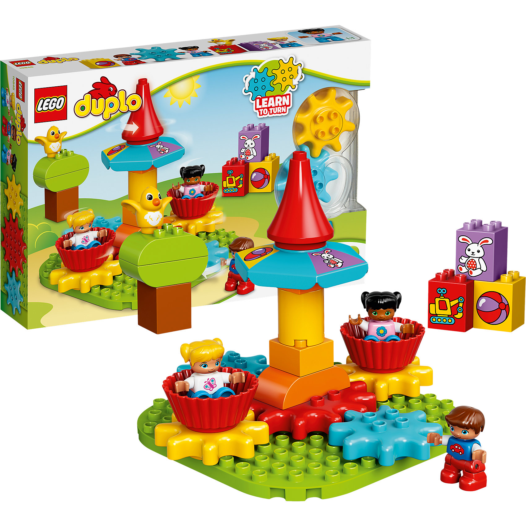 LEGO DUPLO 10845: Моя первая карусель LEGO DUPLO 10845: Моя первая карусельПластмассовые конструкторы<br>LEGO DUPLO 10845: Моя первая карусель<br><br>Характеристики:<br><br>- в набор входит: детали, 3 фигурки детей, 1 фигурка птенца, аксессуары, инструкция<br>- состав: пластик<br>- количество деталей: 24<br>- для детей в возрасте: от 1,5 до 3 лет<br>- Страна производитель: Дания/Китай/Чехия/<br><br>Легендарный конструктор LEGO (ЛЕГО) представляет серию «DUPLO» (Д?пло) для самых маленьких. Крупные детали безопасны для малышей, а интересная тематика, возможность фантазировать, собирать из конструктора свои фигуры и играть в него приведут кроху в восторг! В этом шикарном наборе дети идут развлекаться в парк аттракционов. Яркая карусель с двумя чашами вращается при повороте голубой шестеренки. Три фигурки отлично детализированы и качественно прорисованы. Мальчик и две девочки радуются своим новым приключениям. В набор входят детали для дерева, фигурка птенца и три кубика с рисунками игрушек. Этот набор станет отличным приобретением для малышей, ведь его можно крутить. Играя с этим конструктором дети смогут моделировать ситуации, фантазировать, развивать логику, причинно-следственные связи, моторику ручек и создавать новые фигуры. <br><br>Конструктор LEGO DUPLO 10845: Моя первая карусель можно купить в нашем интернет-магазине.<br><br>Ширина мм: 386<br>Глубина мм: 261<br>Высота мм: 73<br>Вес г: 648<br>Возраст от месяцев: 12<br>Возраст до месяцев: 36<br>Пол: Унисекс<br>Возраст: Детский<br>SKU: 5002512