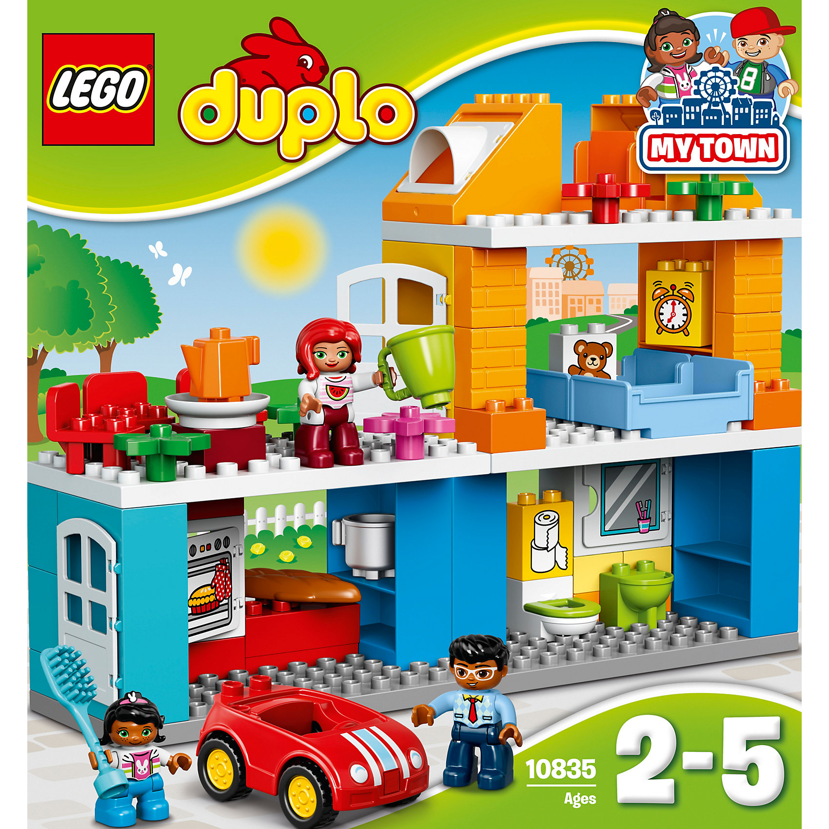LEGO DUPLO 10835: Семейный дом LEGO DUPLO 10835: Семейный домПластмассовые конструкторы<br>LEGO DUPLO 10835: Семейный дом<br><br>Характеристики:<br><br>- в набор входит: детали, 3 фигурки людей, машинка, аксессуары, инструкция<br>- состав: пластик<br>- количество деталей: 69<br>- для детей в возрасте: от 2 до 5 лет<br>- Страна производитель: Дания/Китай/Чехия/<br><br>Легендарный конструктор LEGO (ЛЕГО) представляет серию «DUPLO» (Д?пло) для самых маленьких. Крупные детали безопасны для малышей, а интересная тематика, возможность фантазировать, собирать из конструктора свои фигуры и играть в него приведут кроху в восторг! В этом шикарном наборе представлен настоящий трехэтажный дом и небольшая семья. В доме есть все необходимое включая кухню, спальню, туалет и даже комнатный цветок. Дверца в дом открывается, а также и дверца духового шкафа и полочки в ванной. Все стены также являются полочками для хранения аксессуаров, в комплект которых входит расческа, кухонная утварь (кастрюля, чайник, тарелка), хлеб. На блоках нарисованы игрушечный мишка, будильник, туалетная бумага. Три стульчика для всех членов семьи, а также две кровати предоставлены в наборе. Каждая фигурка отлично детализирована, в комплекте имеется фигурка мамы, папы и девочки. У этой семьи есть и машина – яркая, красная с крутящимися колесиками, но без заводного механизма. Набор предоставит все необходимое для игры, вам останется только придумать где будет какая комната и как зовут членов семьи. Играя с этим конструктором дети смогут моделировать ситуации, фантазировать, развивать моторику ручек и создавать новые фигуры. <br><br>Конструктор LEGO DUPLO 10835: Семейный дом можно купить в нашем интернет-магазине.<br><br>Ширина мм: 377<br>Глубина мм: 350<br>Высота мм: 121<br>Вес г: 1341<br>Возраст от месяцев: 24<br>Возраст до месяцев: 60<br>Пол: Унисекс<br>Возраст: Детский<br>SKU: 5002519