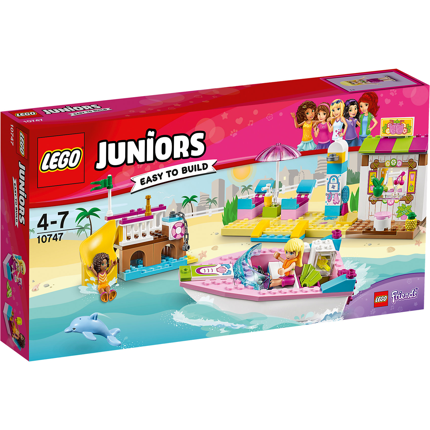 LEGO Juniors 10747: День на пляже с Андреа и Стефани LEGO Juniors 10747: День на пляже с Андреа и СтефаниПластмассовые конструкторы<br>LEGO Juniors 10747: День на пляже с Андреа и Стефани<br><br>Характеристики:<br><br>- в набор входит: детали катера, порта, магазинчиков, 2 фигурки девочек, аксессуары, красочная инструкция<br>- состав: пластик<br>- количество деталей: 143 <br>- размер упаковки: 35 * 7 * 19 см.<br>- размер катера: 13 * 4 * 6 см.<br>- размер порта: 12 * 6 * 9 см.<br>- размер магазинчиков: 19 * 6 * 9 см.<br>- для детей в возрасте: от 4 до 7 лет<br>- Страна производитель: Дания/Китай/Чехия<br><br>Легендарный конструктор LEGO (ЛЕГО) представляет серию «Juniors» (Джуниорс) для новичков в строительстве из конструктора ЛЕГО. Набор День на пляже с Андреа и Стефани в себя все необходимое для игры в поход на пляж. Две куколки Андреа и Стефани представлены в пляжных нарядах, они взяли с собой лосьон для загара, немного денег, любимые ласты для плавания и оправились на пляж. На берегу их ждут удобные шезлонги под зонтиком, летний душ и кафе с напитками. Неподалеку расположен порт с винтовой горкой для прыжков в воду. У пирса пришвартован красивый розовый катер с жилетами безопасности на борту. В своем путешествии на катере девочки встретили настоящего дельфина и подружились с ним! Завтра они вернутся на пляж чтобы поиграть с новым другом снова. Играя с конструктором ребенок развивает моторику рук, воображение и логическое мышление. Придумывайте новые игры с набором LEGO «Juniors»!<br><br>Конструктор LEGO Juniors 10747: День на пляже с Андреа и Стефани можно купить в нашем интернет-магазине.<br><br>Ширина мм: 359<br>Глубина мм: 190<br>Высота мм: 63<br>Вес г: 424<br>Возраст от месяцев: 48<br>Возраст до месяцев: 84<br>Пол: Женский<br>Возраст: Детский<br>SKU: 5002521