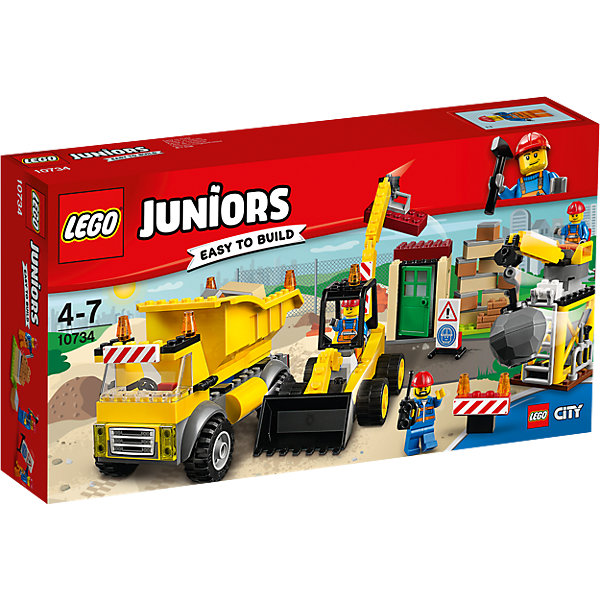 LEGO Juniors 10734: Стройплощадка LEGO Juniors 10734: СтройплощадкаПластмассовые конструкторы<br>LEGO Juniors 10734: Стройплощадка<br><br>Характеристики:<br><br>- в набор входит: детали строительной техники и постройки, 3 минифигурки, аксессуары, красочная инструкция<br>- минифигурки набора: три рабочих<br>- состав: пластик<br>- количество деталей: 175 <br>- размер упаковки: 19 * 7 * 35 см.<br>- для детей в возрасте: от 4 до 7 лет<br>- Страна производитель: Дания/Китай/Чехия<br><br>Легендарный конструктор LEGO (ЛЕГО) представляет серию «Juniors» (Джуниорс) для новичков в строительстве из конструктора ЛЕГО. Набор «Стройплощадка» включает в себя три строительные машины: экскаватор (20 * 6 * 13 см.), самосвал (13 * 6 * 8 см.) и кран для сноса зданий (13 * 5 * 8 см.). В набор входят три минифигурки рабочих в красных касках и с инструментами. Один из них может работать на кране и разрушит старые здания, другой рабочий будет собирать блоки ковшом экскаватора, а третий будет отвозить на самосвале ненужные детали и привозить новые для постройки нового дома. В наборе имеются дорожные знаки для обеспечения безопасности работ. Небольшая постройка набора отлично разбирается и собирается и позволяет игре быть еще более реалистичной. Играя с конструктором ребенок развивает моторику рук, воображение и логическое мышление. Придумывайте новые игры с набором LEGO «Juniors»!<br><br>Конструктор LEGO Juniors 10734: Стройплощадка можно купить в нашем интернет-магазине.<br><br>Ширина мм: 355<br>Глубина мм: 193<br>Высота мм: 71<br>Вес г: 540<br>Возраст от месяцев: 48<br>Возраст до месяцев: 84<br>Пол: Мужской<br>Возраст: Детский<br>SKU: 5002523
