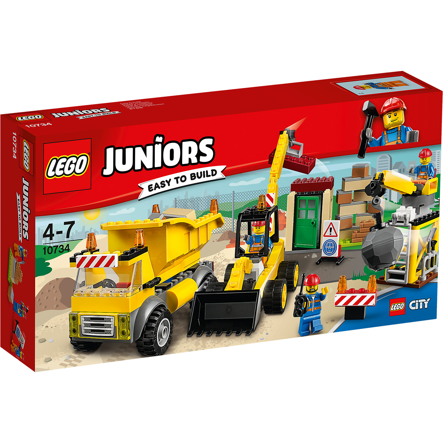 LEGO Juniors 10734: Стройплощадка LEGO Juniors 10734: СтройплощадкаПластмассовые конструкторы<br>LEGO Juniors 10734: Стройплощадка<br><br>Характеристики:<br><br>- в набор входит: детали строительной техники и постройки, 3 минифигурки, аксессуары, красочная инструкция<br>- минифигурки набора: три рабочих<br>- состав: пластик<br>- количество деталей: 175 <br>- размер упаковки: 19 * 7 * 35 см.<br>- для детей в возрасте: от 4 до 7 лет<br>- Страна производитель: Дания/Китай/Чехия<br><br>Легендарный конструктор LEGO (ЛЕГО) представляет серию «Juniors» (Джуниорс) для новичков в строительстве из конструктора ЛЕГО. Набор «Стройплощадка» включает в себя три строительные машины: экскаватор (20 * 6 * 13 см.), самосвал (13 * 6 * 8 см.) и кран для сноса зданий (13 * 5 * 8 см.). В набор входят три минифигурки рабочих в красных касках и с инструментами. Один из них может работать на кране и разрушит старые здания, другой рабочий будет собирать блоки ковшом экскаватора, а третий будет отвозить на самосвале ненужные детали и привозить новые для постройки нового дома. В наборе имеются дорожные знаки для обеспечения безопасности работ. Небольшая постройка набора отлично разбирается и собирается и позволяет игре быть еще более реалистичной. Играя с конструктором ребенок развивает моторику рук, воображение и логическое мышление. Придумывайте новые игры с набором LEGO «Juniors»!<br><br>Конструктор LEGO Juniors 10734: Стройплощадка можно купить в нашем интернет-магазине.<br><br>Ширина мм: 356<br>Глубина мм: 190<br>Высота мм: 78<br>Вес г: 537<br>Возраст от месяцев: 48<br>Возраст до месяцев: 84<br>Пол: Мужской<br>Возраст: Детский<br>SKU: 5002523