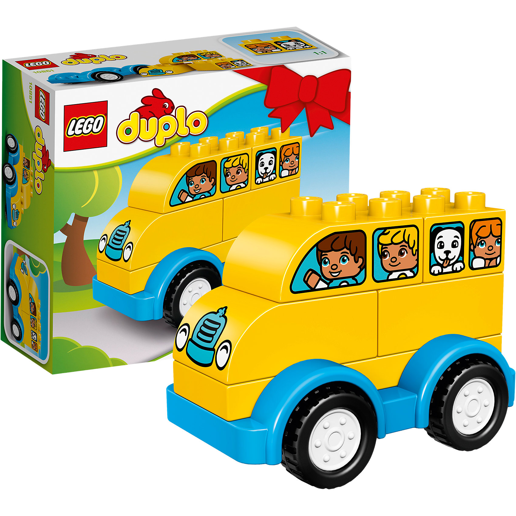 LEGO DUPLO 10851: Мой первый автобус LEGO DUPLO 10851: Мой первый автобусПластмассовые конструкторы<br>LEGO DUPLO 10851: Мой первый автобус<br><br>Характеристики:<br><br>- в набор входит: детали автобуса, инструкция<br>- состав: пластик<br>- количество деталей: 6<br>- размер коробки: 15 * 1,5 * 6 см.<br>- для детей в возрасте: от 1,5 до 3 лет<br>- Страна производитель: Дания/Китай/Чехия/<br><br>Легендарный конструктор LEGO (ЛЕГО) представляет серию «DUPLO» (Д?пло) для самых маленьких. Крупные детали безопасны для малышей, а интересная тематика, возможность фантазировать, собирать из конструктора свои фигуры и играть в него приведут кроху в восторг! Этот небольшой набор сразу и игрушка и конструктор. Яркие и отлично детализированные детали выполнены из очень качественного пластика. Ребенок сможет собирать их них желтый автобус с детишками и котенком и щенком. Также можно построить из него машинку. Автобус на колесиках двигается, не имеет заводного механизма. Детали набора подходят ко всем другим наборам серии DUPLO. Играя с этим конструктором ребенок сможет развить внимание, память, моторику ручек, а также творческие способности. <br><br>Конструктор LEGO DUPLO 10851: Мой первый автобус можно купить в нашем интернет-магазине.<br><br>Ширина мм: 160<br>Глубина мм: 139<br>Высота мм: 63<br>Вес г: 126<br>Возраст от месяцев: 12<br>Возраст до месяцев: 36<br>Пол: Унисекс<br>Возраст: Детский<br>SKU: 5002525