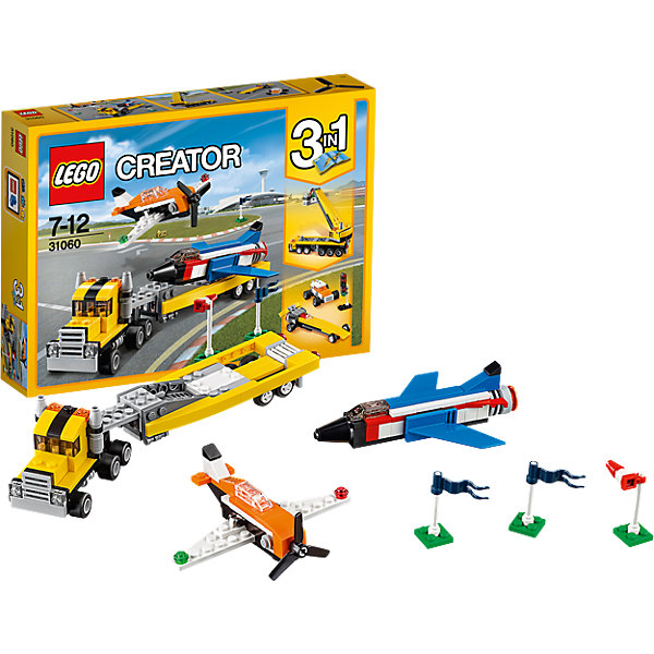 LEGO Creator 31060: Пилотажная группа LEGO Creator 31060: Пилотажная группаПластмассовые конструкторы<br>LEGO Creator 31060: Пилотажная группа<br><br>Характеристики:<br><br>- в набор входит: детали для двух самолетов и грузовика, аксессуары, красочная инструкция<br>- состав: пластик<br>- количество деталей: 246<br>- размер сверхзвукового самолета: 12 * 3 * 9 см.<br>- размер самолета с пропеллером: 11 * 4 * 8 см.<br>- размер грузовика с прицепом: 25 * 4 * 5 см.<br>- для детей в возрасте: от 7 до 12 лет<br>- Страна производитель: Дания/Китай/Чехия<br><br>Легендарный конструктор LEGO (ЛЕГО) представляет серию «Creator» (Криэйтор), которая позволяет детям экспериментировать с домами, машинами, самолетами и существами. Каждый набор этой серии подразумевает перестройку тремя разными способами убирая ограничения веселья! Набор Пилотажная группа понравится юным любителям авиации, ведь с ним вы можете устроить свое уникальное авиа шоу. В набор входит сверхзвуковой самолет, самолет с пропеллером и большой грузовик с отсоединяемым прицепом для погрузки в него самолета. Крылья самолета с пропеллером двигаются, а грузовик с прицепом можно перестроить в две гоночные машины. В аксессуары входят два разборных флажка, светофор и флюгер для проверки силы и направления ветра до проведения полетов. Играя с конструктором ребенок развивает моторику рук, воображение и логическое мышление, научится собирать по инструкции и создавать свои модели. Придумывайте новые игры с набором LEGO «Creator»!<br><br>Конструктор LEGO Creator 31060: Пилотажная группа можно купить в нашем интернет-магазине.<br><br>Ширина мм: 265<br>Глубина мм: 190<br>Высота мм: 50<br>Вес г: 339<br>Возраст от месяцев: 84<br>Возраст до месяцев: 144<br>Пол: Мужской<br>Возраст: Детский<br>SKU: 5002530