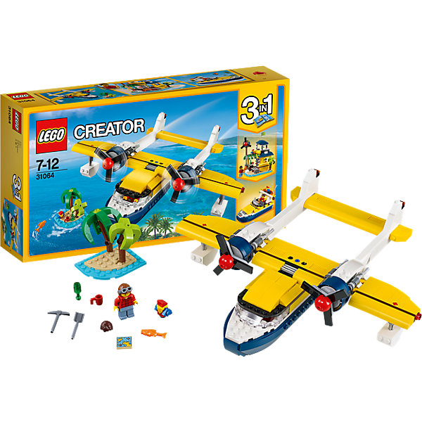 LEGO Creator 31064: Приключения на островах LEGO Creator 31064: Приключения на островахПластмассовые конструкторы<br>LEGO Creator 31064: Приключения на островах<br><br>Характеристики:<br><br>- в набор входит: детали для самолета, 1 минифигурка, аксессуары, красочная инструкция<br>- состав: пластик<br>- количество деталей: 359<br>- размер самолета: 29 * 8 * 24 см.<br>- размер хижины: 13 * 16 * 17 см.<br>- размер скоростной лодки: 8 * 17 * 9 см.<br>- для детей в возрасте: от 7 до 12 лет<br>- Страна производитель: Дания/Китай/Чехия<br><br>Легендарный конструктор LEGO (ЛЕГО) представляет серию «Creator» (Криэйтор), которая позволяет детям экспериментировать с домами, машинами, самолетами и существами. Каждый набор этой серии подразумевает перестройку тремя разными способами убирая ограничения веселья! Набор Приключения на островах придет по вкусу каждому поклоннику путешествий. Большой самолет с двумя мощными двигателями с крутящимися пропеллерами, регулируемыми подъемами, открывающимся грузового отсека и детализированной кабиной капитана увезет вас на поиски небольшого острова (6 * 7 * 6 см.) по карте сокровищ. Самолет можно перестроить в скоростную лодку со всем необходимым оборудованием для управления и грузовым отсеком. А можно приплыть на остров и построить из деталей лодки свою собственную хижину с современной рацией и приборами для коммуникаций. Минифигурка набора отлично проработана и оснащена шлемом для полетом и обычной прической на смену. Фигурка имеет два выражения лица одно с маленькими усами, а другое с бородой и усами. Играя с конструктором ребенок развивает моторику рук, воображение и логическое мышление, научится собирать по инструкции и создавать свои модели. Придумывайте новые игры с набором LEGO «Creator»!<br><br>Конструктор LEGO Creator 31064: Приключения на островах можно купить в нашем интернет-магазине.<br><br>Ширина мм: 353<br>Глубина мм: 195<br>Высота мм: 76<br>Вес г: 626<br>Возраст от месяцев: 84<br>Возраст до месяцев: 144<br>Пол: Мужской<br>Возраст: Детский<br>SKU: 5002531
