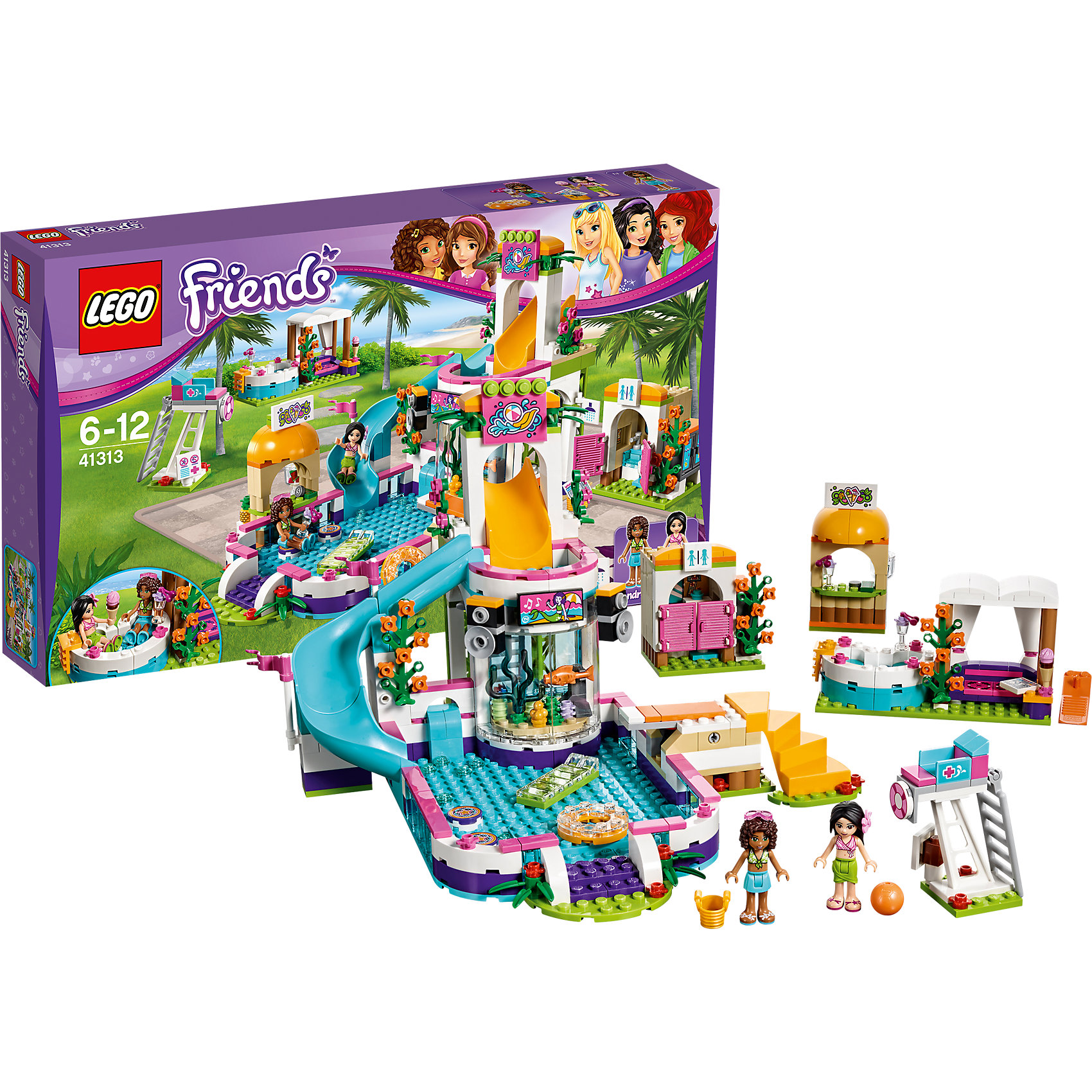 LEGO Friends 41313: Летний бассейн LEGO Friends 41313: Летний бассейнПластмассовые конструкторы<br>LEGO Friends 41313: Летний бассейн<br><br>Характеристики:<br><br>- в набор входит: детали бассейна, фигурки Андреа и Мартины, аксессуары, красочная инструкция<br>- состав: пластик<br>- количество деталей: 589<br>- размер бассейна с горкой: 24 * 18 * 23 см.<br>- размер джакузи и диванчика: 12 * 4 * 7 см.<br>- размер туалета: 9 * 4 * 6 см.<br>- размер спасательной станции: 7 * 3 * 3 см.<br>- для детей в возрасте: от 6 до 12 лет<br>- Страна производитель: Дания/Китай/Чехия<br><br>Легендарный конструктор LEGO (ЛЕГО) представляет серию «Friends» (Друзья) в которую входят наборы конструкторов интересных не только в строительстве, но и в игре. Серия разработана с учетом различных повседневных ситуаций и мест. <br><br>Этот большой набор с бассейном, аквариумом, горкой, спасательной станцией, джакузи, зоной отдыха, туалетом и баром соков просто наполнен разными аксессуарами. Две подружки, Андреа и Мартина просто счастливы отдыхать в таком летнем бассейне. Девочки взяли с собой мяч, чтобы играть в бассейне. Сам бассейн оснащен горкой для спуска, доской для прыжков в воду, надувными матрацем и кругом, стереоколонки играют веселую музыку, а на большом экране показывают русалку. Красивый коралловый аквариум приводит гостей бассейна в восторг. Для безопасности купающихся на территории установлена спасательная станция. Когда Андреа и Мартина устали плавать в бассейне они пошли в бар за молочными коктейлями и фруктами и сели отдохнуть в джакузи. Если гости устали от воды, то они могут сесть рядом на диванчик и общаться с друзьями в джакузи. Для реалистичности набор включает в себя и туалетную комнату с раковиной и туалетом. <br><br>Фигурки девочек выполнены очень качественно, они могут двигать головой, руками, торсом и принимать сидячее положение. Красивые рельефные волосы распущены, каждая из девочек использует свой аксессуар на волосах. Юбочки снабжены выступающими складками по краям ткани, что делает их почти настоящими. <br><br>Играя с конструктором ребенок развивает моторику рук, воображение и логическое мышление, научится собирать по инструкции и создавать свои модели. Придумывайте новые истории любимых героев с набором LEGO «Friends»!<br><br>Конструктор LEGO Friends 41313: Летний бассейн можно купить в нашем интернет-магазине.<br><br>Ширина мм: 475<br>Глубина мм: 284<br>Высота мм: 78<br>Вес г: 982<br>Возраст от месяцев: 72<br>Возраст до месяцев: 144<br>Пол: Женский<br>Возраст: Детский<br>SKU: 5002534