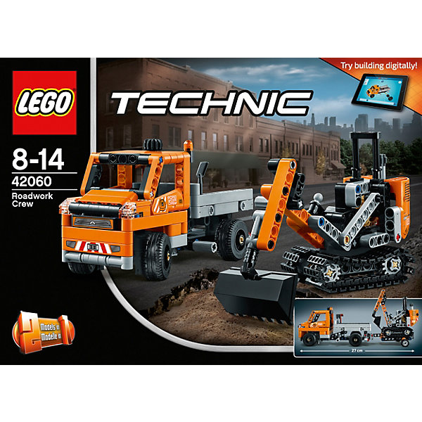 LEGO Technic 42060: Дорожная техника LEGO Technic 42060: Дорожная техникаПластмассовые конструкторы<br>LEGO Technic 42060: Дорожная техника<br><br>Характеристики:<br><br>- в набор входит: детали самосвала с прицепом и экскаватора, наклейки, инструкция по сборке<br>- состав: пластик<br>- количество деталей: 365<br>- приблизительное время сборки: 45 мин.<br>- размер самосвала с прицепом: 27 * 7 * 9 см.<br>- размер экскаватора: 10 * 5 * 9 см.<br>- размер снегоуборочной машины: 24 * 13 * 11 см.<br>- для детей в возрасте: от 7 до 14 лет<br>- Страна производитель: Дания/Китай/Чехия<br><br>Легендарный конструктор LEGO (ЛЕГО) представляет серию «Technic», которая бросает вызов уже опытным строителям ЛЕГО. Ваш ребенок может строить продвинутые модели с реальными функциями, такими как коробки передач и системы рулевого управления. В набор включена уникальная деталь, посвященная сорокалетию серии. Наслаждайтесь строительством сразу трех видов техники, ведь самосвал с прицепом перестраивается в снегоуборочную машину. <br><br>Колеса самосвала поворачиваются в стороны с помощью рычага, а второй рычаг откидывает кузов для сброса груза. Прицеп оснащен подвижным креплением и отлично следует за самосвалом при поворотах. Кабина гусеничного экскаватора вращается на все 360 градусов, а благодаря двум другим рычагам ковш двигается и может копать, уровень наклона ковша так же регулируется. Подразумевается, что экскаватор перемещается на место стройки в прицепе самосвала. В набор входят строительные аксессуары в виде лопаты и щетки. <br><br>Играя с конструктором ребенок развивает моторику рук, воображение и логическое мышление, научится собирать по инструкции и создавать свои модели. Принимайте новые вызовы по сборке моделей и придумывайте новые истории с набором LEGO «Technic»!<br><br>Конструктор LEGO Technic 42060: Дорожная техника можно купить в нашем интернет-магазине.<br><br>Ширина мм: 264<br>Глубина мм: 190<br>Высота мм: 73<br>Вес г: 482<br>Возраст от месяцев: 96<br>Возраст до месяцев: 168<br>Пол: Мужской<br>Возраст: Детский<br>SKU: 5002536