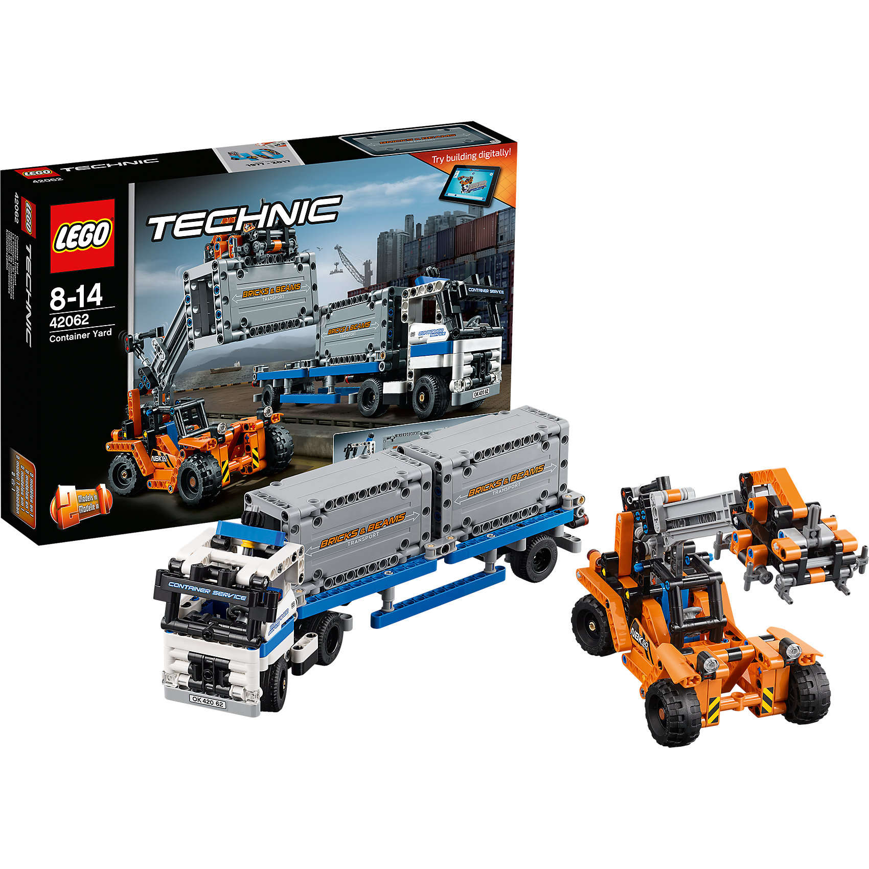 LEGO Technic 42062: Контейнерный терминал LEGO Technic 42062: Контейнерный терминалПластмассовые конструкторы<br>LEGO Technic 42062: Контейнерный терминал<br><br>Характеристики:<br><br>- в набор входит: детали большегрузного автомобиля, контейнеров и погрузчика, наклейки, инструкция по сборке<br>- состав: пластик<br>- количество деталей: 260<br>- приблизительное время сборки: 75 мин.<br>- размер упаковки: 38 * 7 * 29 см.<br>- размер автомобиля с контейнерами: 30,5 * 7 * 11 см.<br>- размер погрузчика: 23 * 9 * 10,5 см.<br>- для детей в возрасте: от 8 до 14 лет<br>- Страна производитель: Дания/Китай/Чехия<br><br>Легендарный конструктор LEGO (ЛЕГО) представляет серию «Technic», которая бросает вызов уже опытным строителям ЛЕГО. Ваш ребенок может строить продвинутые модели с реальными функциями, такими как коробки передач и системы рулевого управления. В набор включена уникальная деталь, посвященная сорокалетию серии. Наслаждайтесь строительством реалистичного большегрузного автомобиля и погрузчика! <br><br>Благодаря специальному механизму колеса автомобиля двигаются в разные стороны, помогая ему разворачиваться вместе с прицепом и грузом, прицеп можно отсоединить, двери кабины открываются, а сиденья складываются. Ведущие колеса погрузчика так же двигаются с помощью механизма, грузозахватное устройство поднимается, двигается вперед и надежно захватывает контейнеры. Открытая кабина погрузчика открывается, водитель защищен надежной и прочной конструкцией. Большегрузный автомобиль перестраивается в грузовик, а погрузчик в стационарный портальный для нового вида перевозок, обе модели имеют дополнительные объемные интерактивные инструкции на вебсайте ЛЕГО. <br><br>Играя с конструктором ребенок развивает моторику рук, воображение и логическое мышление, научится собирать по инструкции и создавать свои модели. Принимайте новые вызовы по сборке моделей и придумывайте новые истории с набором LEGO «Technic»!<br><br>Конструктор LEGO Technic 42062: Контейнерный терминал можно купить в нашем интернет-магазине.<br><br>Ширина мм: 385<br>Глубина мм: 261<br>Высота мм: 76<br>Вес г: 1071<br>Возраст от месяцев: 96<br>Возраст до месяцев: 168<br>Пол: Мужской<br>Возраст: Детский<br>SKU: 5002537