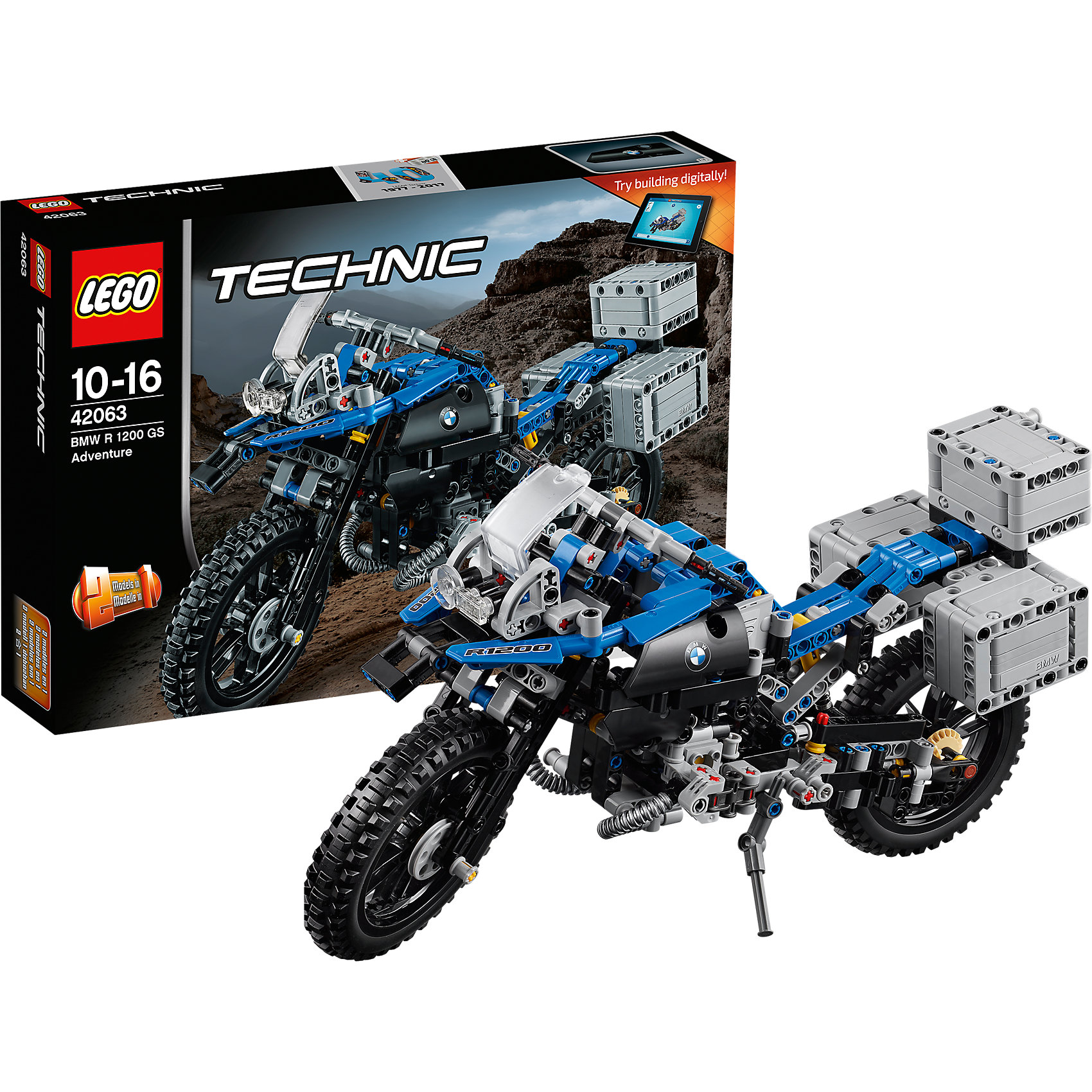 LEGO Technic 42063: Приключения на BMW R 1200 GS LEGO Technic 42063: Приключения на BMW R 1200 GSПластмассовые конструкторы<br>LEGO Technic 42063: Приключения на BMW R 1200 GS<br><br>Характеристики:<br><br>- в набор входит: детали мотоцикла, наклейки, инструкция по сборке<br>- состав: пластик<br>- количество деталей: 603<br>- приблизительное время сборки: 75 мин.<br>- размер упаковки: 36 * 7 * 26 см.<br>- размер мотоцикла: 33 * 10,5 * 18 см.<br>- для детей в возрасте: от 10 до 16 лет<br>- Страна производитель: Дания/Китай/Чехия<br>Легендарный конструктор LEGO (ЛЕГО) представляет серию «Technic», которая бросает вызов уже опытным строителям ЛЕГО. <br><br>Ваш ребенок может строить продвинутые модели с реальными функциями, такими как коробки передач и системы рулевого управления. В набор включена уникальная деталь, посвященная сорокалетию серии. Наслаждайтесь строительством нового реалистичного мотоцикла BMW R 1200 GS с полной амортизацией колес, поворачивающимся передним колесом и надежной подножкой. Три грузовых отделения открываются и могут быть сняты. При движении механизм имитирует работу двигателя мотоцикла и можно увидеть работу поршней. Мотоцикл перестраивается в новую скоростную модель, разработанную компанией BMW, обе модели имеют дополнительные объемные интерактивные инструкции на вебсайте ЛЕГО.<br><br>Играя с конструктором ребенок развивает моторику рук, воображение и логическое мышление, научится собирать по инструкции и создавать свои модели. Принимайте новые вызовы по сборке моделей и придумывайте новые истории с набором LEGO «Technic»!<br><br>Конструктор LEGO Technic 42063: Приключения на BMW R 1200 GS можно купить в нашем интернет-магазине.<br><br>Ширина мм: 385<br>Глубина мм: 263<br>Высота мм: 76<br>Вес г: 940<br>Возраст от месяцев: 120<br>Возраст до месяцев: 192<br>Пол: Мужской<br>Возраст: Детский<br>SKU: 5002538