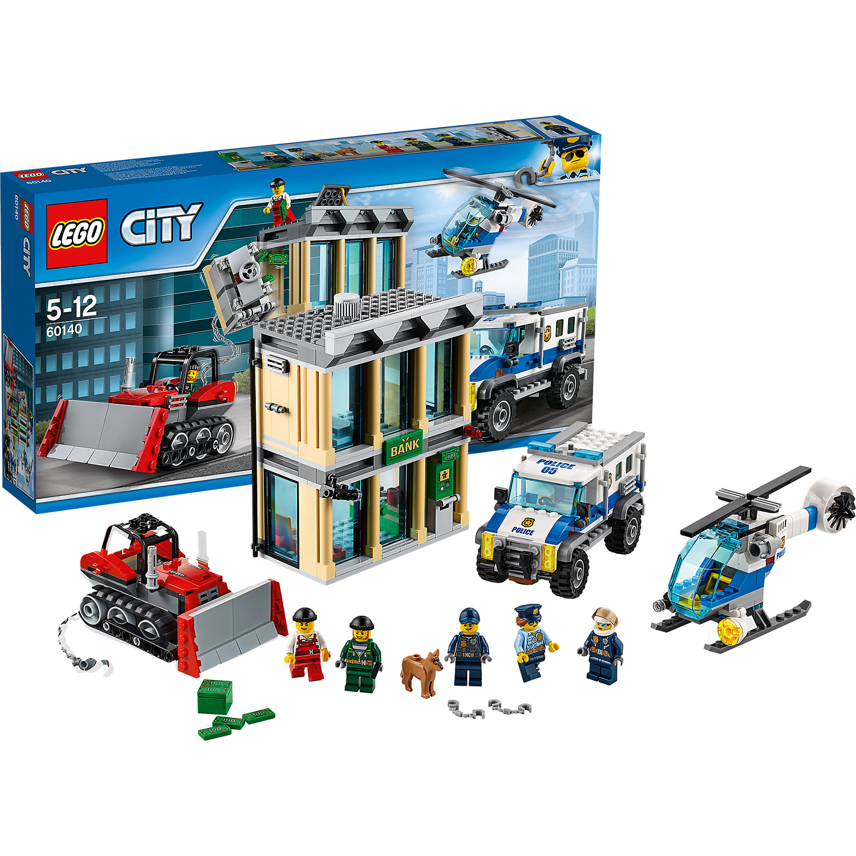LEGO City 60140: Ограбление на бульдозере LEGO City 60140: Ограбление на бульдозереПластмассовые конструкторы<br>LEGO City 60140: Ограбление на бульдозере<br><br>Характеристики:<br><br>- в набор входит: банк, полицейский вертолет, полицейская машина, бульдозер, 5 фигурки людей, фигурка собаки, аксессуары, инструкция<br>- состав: пластик<br>- количество деталей: 561<br>- размер коробки: 28 * 7,5 * 54 см.<br>- размер банка: 16 * 6 * 13 см.<br>- вес: 1 100 гр.<br>- для детей в возрасте: от 5 до 12 лет<br>- Страна производитель: Дания/Китай/Чехия<br><br>Легендарный конструктор LEGO (ЛЕГО) представляет серию «City» (Сити) в виде деталей жизни большого города, в котором есть абсолютно все. Серия делает игры еще более настоящими, благодаря отличным аксессуарам. Стражи закона Лего Сити всегда готовы прийти на помощь жителям города. Двухэтажное здание банка со всем необходимым оборудованием, банкоматом и камерой наблюдения передало сигнал об ограблении в полицейский участок. Два грабителя на бульдозере ворвались и похитили деньги из банка. Два патрульных полицейских и собака вооружились наручниками и отправились на вызов. С воздуха патруль прикрывает полицейский вертолет. Все три транспортных средства из этого набора оснащенными движущимися деталями, которые будут отлично смотреться как на моделях их набора, так и на самодельных частях. Этот большой набор отлично подойдет как новичкам Лего, так и преданным фанатам и коллекционерам серии. Предотврати ограбление и помоги полицейским добиться справедливости. Моделируй разные истории и ситуации в Лего Сити!<br><br>Конструктор LEGO City 60140: Ограбление на бульдозере можно купить в нашем интернет-магазине.<br><br>Ширина мм: 541<br>Глубина мм: 284<br>Высота мм: 86<br>Вес г: 1166<br>Возраст от месяцев: 60<br>Возраст до месяцев: 144<br>Пол: Мужской<br>Возраст: Детский<br>SKU: 5002542