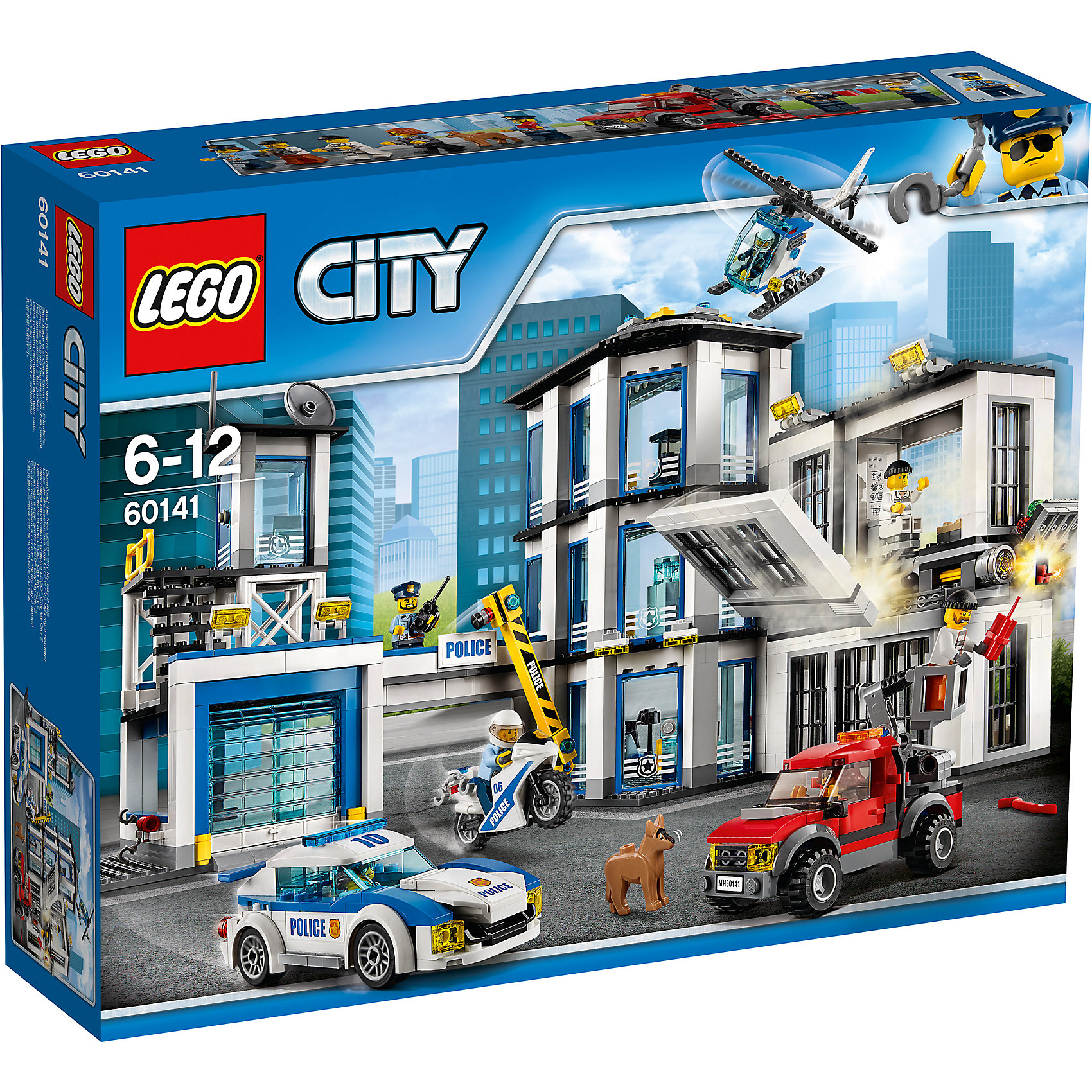 LEGO City 60141: Полицейский участок LEGO City 60141: Полицейский участокПластмассовые конструкторы<br>LEGO City 60141: Полицейский участок<br><br>Характеристики:<br><br>- в набор входит: банк, полицейский вертолет, полицейская машина, бульдозер, 5 фигурки людей, фигурка собаки, аксессуары, инструкция<br>- состав: пластик<br>- количество деталей: 894<br>- размер коробки: 48 * 11 * 38 см.<br>- размер полицейского участка: 36 * 24 * 36 см.<br>- вес: 2 200 гр.<br>- для детей в возрасте: от 6 до 12 лет<br>- Страна производитель: Дания/Китай/Чехия<br><br>Легендарный конструктор LEGO (ЛЕГО) представляет серию «City» (Сити) в виде деталей жизни большого города, в котором есть абсолютно все. Серия делает игры еще более настоящими, благодаря отличным аксессуарам. Стражи закона Лего Сити всегда готовы прийти на помощь жителям города. Их новый полицейский участок выполняет все для охраны порядка в городе. Трехэтажный офис со всем необходимым оборудованием справляется с вызовами и расследованием даже самых сложных дел. Специальный отдел К-9 в своих рядах имеет четвероногого офицера с исключительными навыками поиска и захвата преступников. Большая двухэтажная тюрьма обеспечена кроватями и готова принять заключенных. Гараж для полицейской машины и скоростного мотоцикла обеспечивает безопасность полицейского транспорта. Въезд на территорию полицейского участка осуществляется через ворота и шлагбаум. Смотровая площадка обеспечивает контроль въезда и надежность тюремного отсека. Участок оснащен вертолетной площадкой и патрульным вертолетом. Преступления любой категории по плечу этому отделению полиции. В набор входит красный подъемник грабителей, которые хотят проникнуть в тюрьму и организовать побег. Четыре полицейских с разными дизайнами будут охранять Лего Сити, а три опасных преступника бросят вызов стражам порядка. Помоги полицейским добиться справедливости. Моделируй разные истории и ситуации в Лего Сити! Этот большой набор отлично подойдет как новичкам Лего, так и преданным фанатам и коллекционерам серии.<br><br>Конструктор LEGO City 60141: Полицейский участок можно купить в нашем интернет-магазине.<br><br>Ширина мм: 483<br>Глубина мм: 375<br>Высота мм: 116<br>Вес г: 2175<br>Возраст от месяцев: 72<br>Возраст до месяцев: 144<br>Пол: Мужской<br>Возраст: Детский<br>SKU: 5002543