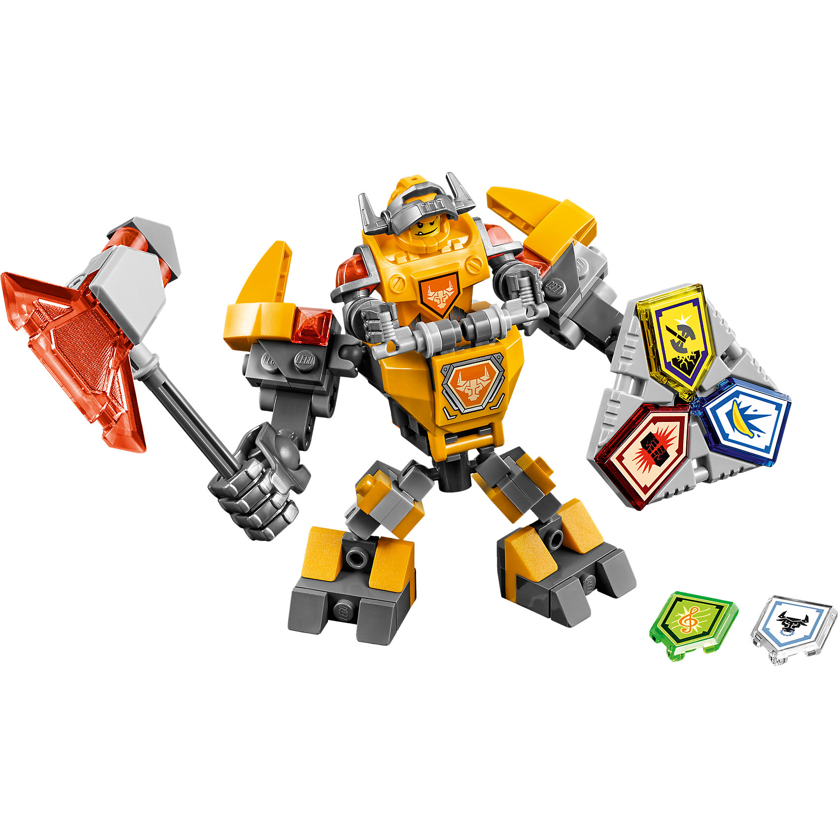 LEGO NEXO KNIGHTS 70365: Боевые доспехи Акселя LEGO NEXO KNIGHTS 70365: Боевые доспехи АкселяПластмассовые конструкторы<br>LEGO NEXO KNIGHTS 70365: Боевые доспехи Акселя<br><br>Характеристики:<br><br>- в набор входит: доспехи, фигурка, 5 защитных сил, красочная инструкция<br>- состав: пластик<br>- количество деталей: 80<br>- размер коробки: 20 * 5,5 * 19 см.<br>- высота доспеха: 9 см.<br>- для детей в возрасте: от 7 до 14 лет<br>- Страна производитель: Дания/Китай/Чехия<br><br>Легендарный конструктор LEGO (ЛЕГО) представляет серию «NEXO KNIGHTS» (Нэксо Найтс) по сюжету одноименного мультсериала. Серия понравится любителям средневековья благодаря рыцарям, принцессам, монстрам и ужасным злодеям. Рыцарь Аксель получает свои новые боевые доспехи. Прекрасное сочетание темно-серого, желтого и оранжевого цветов отлично ему подходят. Доспех на шарнирах и позволяет рыцарю свободно двигать руками и ногами в плечах, локтях, коленях, бедрах и торсе. Прочный щит содержит сразу три силы, а надежный и яркий топор станет отличным помощников в битве. Изображенный на груди герб Акселя является особенностью доспеха. Фигурка Акселя входит в комплект, отлично детализирована и имеет два выражения лица. Съемный шлем выглядит очень правдоподобно, забрало поднимается и опускается. К доспеху можно будет прикрепить дополнительные детали от LEGO NEXO KNIGHTS, которые выйдут во втором полугодии 2017 года. Помогай рыцарям бороться с каменными монстрами с помощью прогресса и невероятной Нексо силы!<br><br>Конструктор LEGO NEXO KNIGHTS 70365: Боевые доспехи Акселя можно купить в нашем интернет-магазине.<br><br>Ширина мм: 210<br>Глубина мм: 182<br>Высота мм: 53<br>Вес г: 130<br>Возраст от месяцев: 84<br>Возраст до месяцев: 168<br>Пол: Мужской<br>Возраст: Детский<br>SKU: 5002547