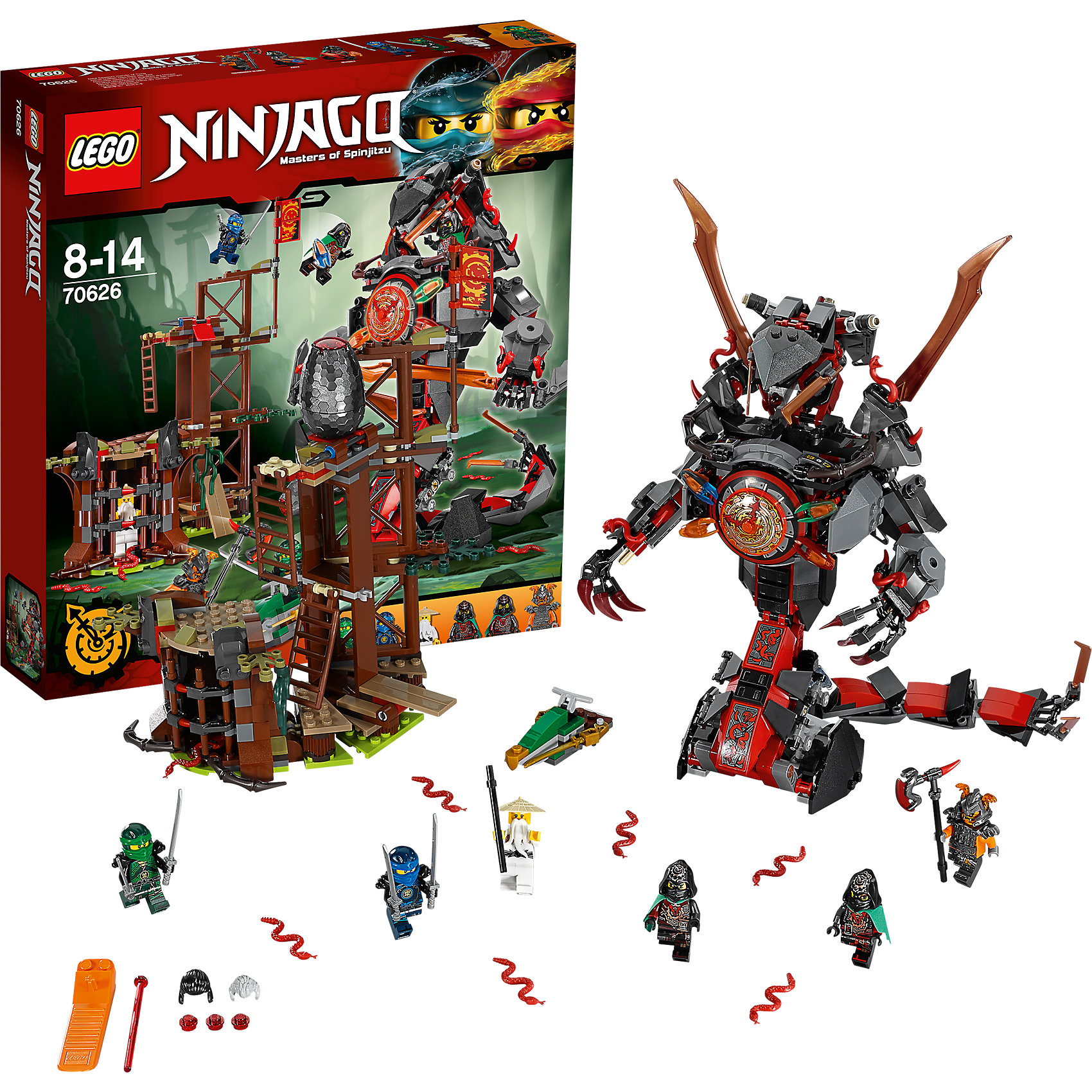 LEGO NINJAGO 70626: Железные удары судьбы LEGO NINJAGO 70626: Железные удары судьбыПластмассовые конструкторы<br>LEGO NINJAGO 70626: Железные удары судьбы<br><br>Характеристики:<br><br>- в набор входит: детали форта, змеи, 6 минифигурки, 4 клинка времени, аксессуары, инструкция по сборке<br>- минифигурки набора: Ллойд, Джей, сенсей Ву, коммандер Бланк, близнецы Крукс и Акроникс<br>- состав: пластик<br>- количество деталей: 704<br>- размер форта: 20 * 11 * 19 см. <br>- высота змеи: 23 см. <br>- для детей в возрасте: от 8 до 14 лет<br>- Страна производитель: Дания/Китай/Чехия<br><br>Легендарный конструктор LEGO (ЛЕГО) представляет серию «NINJAGO» (Ниндзяго) - это увлекательный мир воинов ниндзя против зла. Ребенку понравятся разнообразие приключений и возможности новых игр.<br><br> В набор входит новая версия Ллойда с катанами, Джей с другими рисунками, Сенсей Ву с интеренсными рисунками и посохом, коммандер Бланк в доспехе и с эксклюзивным топором, эта грозная фигурка отлично прорисована и под доспехом. Близнецы Крукс и Акроникс в темном капюшоне носят новый зеленые плащи, в комплект входит прически, они различаются рисунками на теле фигурок. Форт алой армии с водным мотоциклом для Ллойда. В форте имеется тюрьма, в которой сидит Сенсей Ву. Смотровая площадка предназначена для коммандера Бланка, весь форт можно перестраивать благодаря удобным креплениям. В форте хранится яйцо вермалионов, змей красного цвета, которое можно сбрасывать с помощью механизма. <br><br>Механическая змея состоит из большого количества деталей, хвост собран из шарнирных деталей и отлично двигается, на конце хвоста расположены опасные ятаганы. Руки змея тоже двигаются на шарнирах, пальцы сгибаются зажимая в руках клинки. В голове змеи находится двухместная кабина для близнецов, управляющих временем, тут же спратана пружинная ракета. Циферблат на груди змеи вращается с помощью механизма, вокруг него закреплены клинки времени. Помоги отважным ниндзя спасти сенсея и покончить со злыми близнецами. <br><br>Играя с конструктором ребенок развивает моторику рук, воображение и логическое мышление, научится собирать по инструкции и создавать свои модели. Придумывайте новые истории любимых героев с набором LEGO «NINJAGO»!<br><br>Конструктор LEGO NINJAGO 70626: Железные удары судьбы можно купить в нашем интернет-магазине.<br><br>Ширина мм: 377<br>Глубина мм: 350<br>Высота мм: 73<br>Вес г: 1012<br>Возраст от месяцев: 96<br>Возраст до месяцев: 168<br>Пол: Мужской<br>Возраст: Детский<br>SKU: 5002549