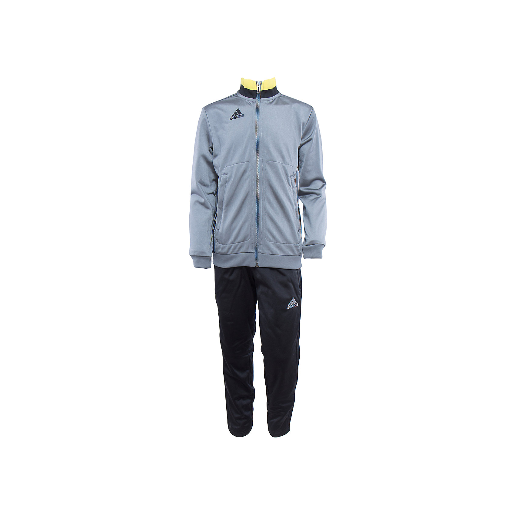 Спортивный костюм Performance adidas Спортивный костюм Performance adidasСпортивная одежда<br>Костюм спортивный Аdidas (Адидас).<br><br>Характеристики:<br><br>• Цвет: серый, черный.<br>• Состав: 100% полиэстер.<br>• Материал: трикотаж.<br>• Олимпийка: застежка на молнию; воротник стойка; эластичные манжеты; боковые карманы; капюшон; вышитый логотип Adidas<br>• Брюки: регулируемый эластичный пояс; эластичные манжеты; боковые карманы на молнии; вышитый логотип Adidas<br>• Зауженный крой брюк.<br><br>Комфортный костюм для юных спортсменов. Модель выполнена из гладкого трикотажа. Костюм состоит из толстовки и брюк. Толстовка серого цвета с яркой желтой полоской на воротнике - стойке с застежкой на молнии, передними карманами, рукавами реглан, рифлеными манжетами, декорирована черными лампасами. Зауженные брюки с боковыми карманами на молниях. В таком спортивном костюме ваш ребенок будет чувствовать себя удобно и комфортно на занятиях спортом и в повседневной жизни.<br>Пусть ваши дети занимаются спортом с комфортом!<br><br>Костюм спортивный Adidas (Адидас), можно купить в нашем интернет – магазине.<br><br>Ширина мм: 247<br>Глубина мм: 16<br>Высота мм: 140<br>Вес г: 225<br>Цвет: черный<br>Возраст от месяцев: 84<br>Возраст до месяцев: 96<br>Пол: Мужской<br>Возраст: Детский<br>Размер: 128,164,140,152<br>SKU: 5003613