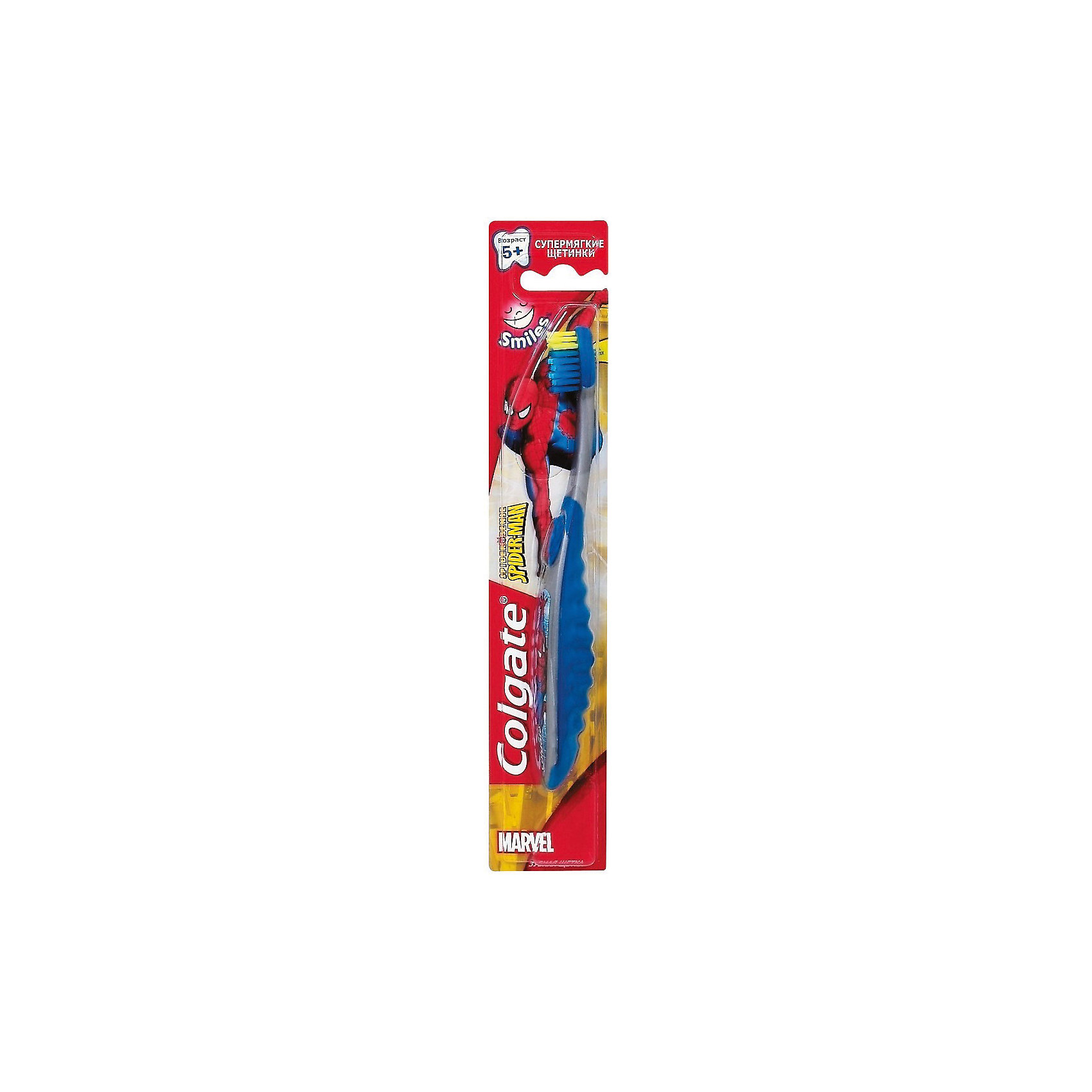 Зубная щётка Смайлс SpiderMan супермягкая для детей старше 5 лет, Colgate, синий/серый Зубная щётка Смайлс SpiderMan супермягкая для детей старше 5 лет, Colgate, синий/серыйДетская зубная щетка Colgate Smiles бережно ухаживает за полостью рта ребенка, мягкая щетина помогает убрать остатки пищи и налет на зубках. Щетинки расположены на разном уровне, удлиненные щетинки предназначены для очищения межзубных промежутков. Имеется очиститель языка. Наличие цветных щетинок позволяет малышу определить количество зубной пасты для однократной очистки зубов. <br><br>Дополнительная информация:<br><br>• разноуровневые щетинки;<br>• очиститель языка;<br>• нескользящая ручка.<br><br>ВНИМАНИЕ! Данный артикул имеется в наличии в разных вариантах исполнения (Spiderman, Barbie). Заранее выбрать определенный вариант нельзя. При заказе нескольких зубных щеток возможно получение одинаковых.<br><br>Зубную щётку Смайлс супермягкая для детей старше 5 лет, Colgate можно купить в нашем интернет-магазине.<br><br>Ширина мм: 300<br>Глубина мм: 100<br>Высота мм: 50<br>Вес г: 100<br>Возраст от месяцев: 60<br>Возраст до месяцев: 2147483647<br>Пол: Унисекс<br>Возраст: Детский<br>SKU: 5008305
