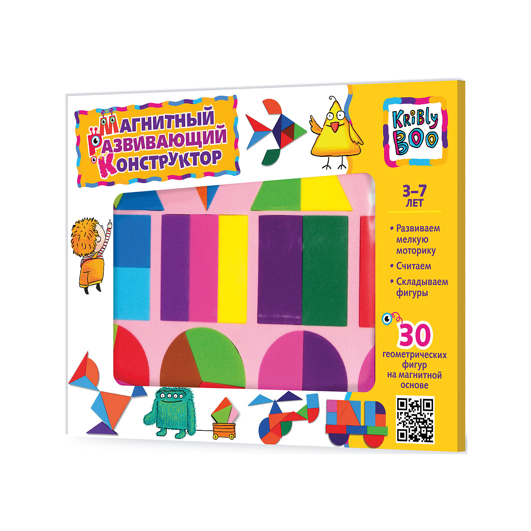 Магнитный развивающий конструктор, 30 дет., KriblyBoo Магнитный развивающий конструктор, 30 дет., KriblyBooМагнитные конструкторы<br>Магнитный развивающий конструктор, 30 дет., KriblyBoo (Крибли Бу).<br><br>Характеристики:<br><br>• развивает фантазию, усидчивость и мелкую моторику<br>• подходит для любых металлических поверхностей<br>• количество деталей: 30 шт.<br>• материал: вспененный полимерный материал с магнитными элементами<br>• размер упаковки: 0,8х13,2х28 см<br>• вес: 300 грамм<br><br>Магнитный конструктор KriblyBoo поможет в развитии логики, фантазии, усидчивости и мелкой моторике ребенка. Магнитные фигуры хорошо крепятся к любым металлическим поверхностям. Предложите малышу посчитать фигуры, выбрать одинаковые или заполнить рамочку деталями. Попробуйте построить уже знакомую фигуру или создайте свою, уникальную. Яркие геометрические фигуры прекрасно подойдут для любознательных детей. <br><br>Магнитный развивающий конструктор, 30 дет., KriblyBoo (Крибли Бу)вы можете купить в нашем интернет-магазине.<br><br>Ширина мм: 280<br>Глубина мм: 132<br>Высота мм: 8<br>Вес г: 300<br>Возраст от месяцев: 36<br>Возраст до месяцев: 84<br>Пол: Унисекс<br>Возраст: Детский<br>SKU: 5017667