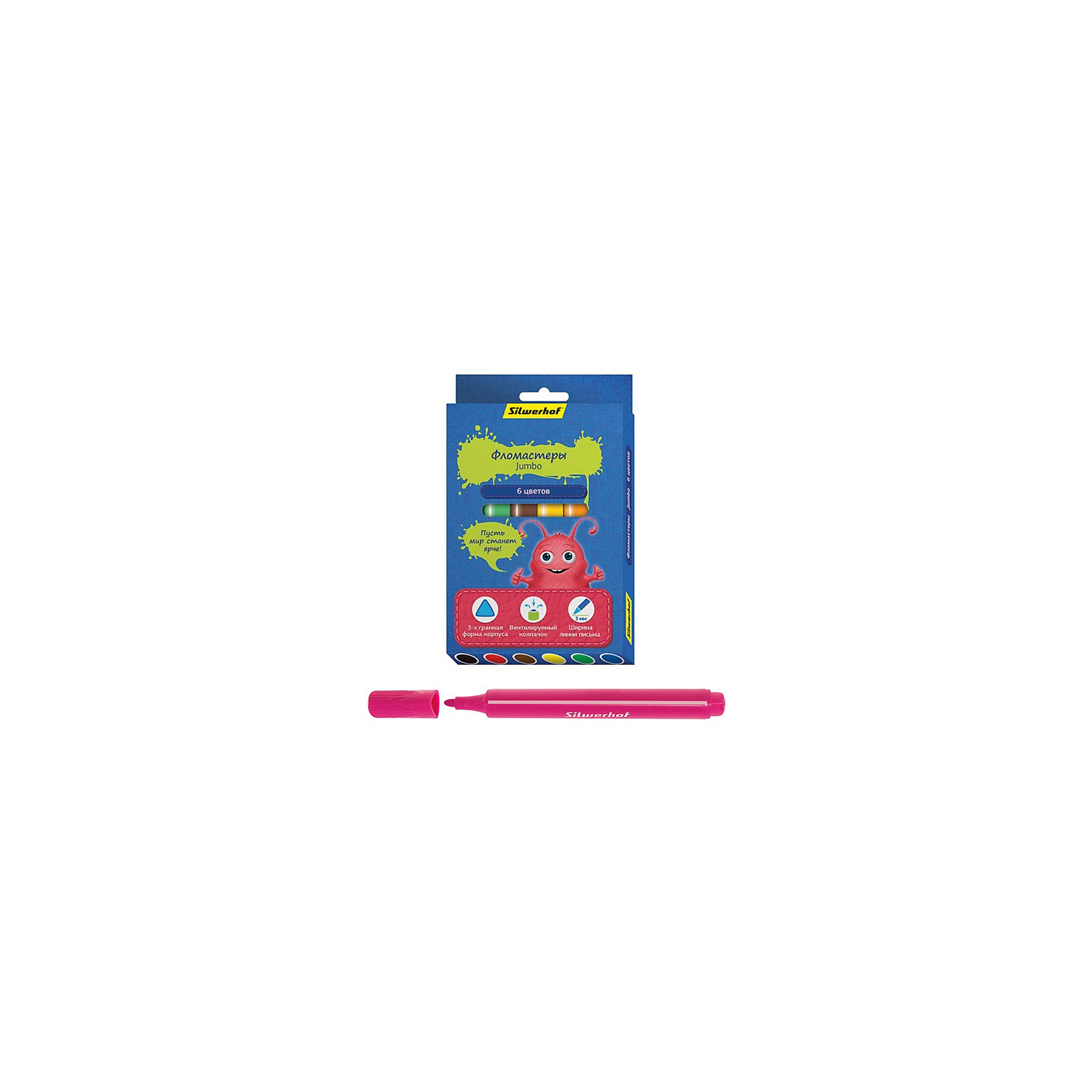 Фломастеры Jumbo, 6цв, ДЖИНСОВАЯ КОЛЛЕКЦИЯ Фломастеры Jumbo, 6цв, ДЖИНСОВАЯ КОЛЛЕКЦИЯПисьменные принадлежности<br>Характеристики товара:<br><br>• материал: пластик<br>• комплектация: 6 шт<br>• вентилируемый колпачок<br>• упаковка: картонная коробка<br>• трехгранные<br>• размер маркера: 14х140 мм<br>• страна бренда: Российская Федерация<br>• страна производства: Китай<br><br>Сделать творчество и учебу интереснее для ребенка поможет этот набор цветных фломастеров! Ими не только весело рисовать, такие фломастеры удобно хранить в картонной коробке. Они отличаются яркими цветами - ребенок будет в восторге!<br>Изделия качественно выполнены, сделаны из безопасных для детей материалов. Рисование помогает детям лучше развить мелкую моторику, память, внимание, аккуратность и мышление. Такой набор - отличный подарок ребенку!<br><br>Фломастеры Jumbo, 6цв, ДЖИНСОВАЯ КОЛЛЕКЦИЯ, от бренда Silwerhof можно купить в нашем интернет-магазине.<br><br>Ширина мм: 155<br>Глубина мм: 110<br>Высота мм: 15<br>Вес г: 91<br>Возраст от месяцев: 36<br>Возраст до месяцев: 144<br>Пол: Унисекс<br>Возраст: Детский<br>SKU: 5020499