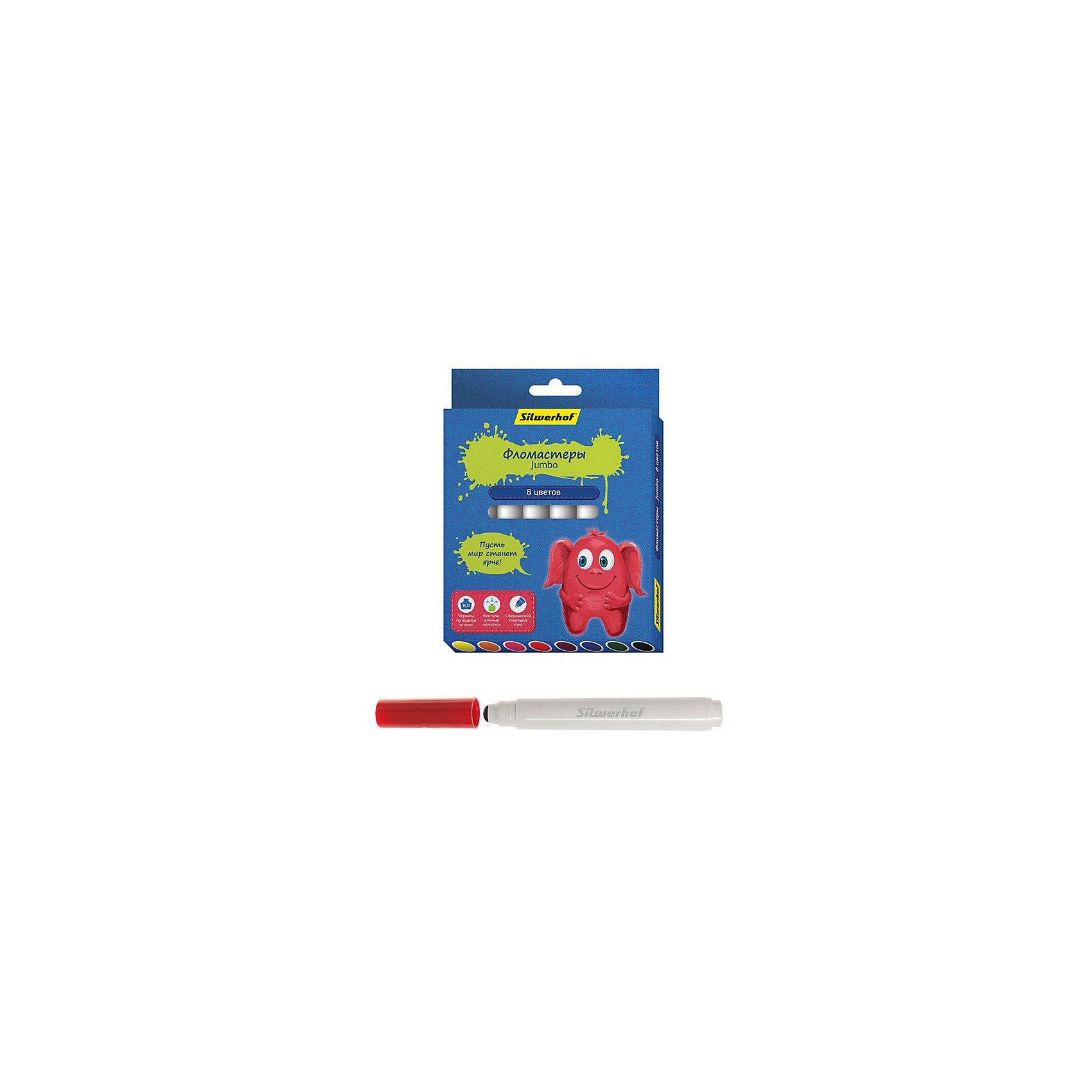 Фломастеры Jumbo, 8цв, ДЖИНСОВАЯ КОЛЛЕКЦИЯ Фломастеры Jumbo, 8цв, ДЖИНСОВАЯ КОЛЛЕКЦИЯПисьменные принадлежности<br>Характеристики товара:<br><br>• материал: пластик<br>• комплектация: 8 шт<br>• вентилируемый колпачок<br>• упаковка: картонная коробка<br>• круглые<br>• размер маркера: 14х140 мм<br>• страна бренда: Российская Федерация<br>• страна производства: Китай<br><br>Сделать творчество и учебу интереснее для ребенка поможет этот набор цветных фломастеров! Ими не только весело рисовать, такие фломастеры удобно хранить в картонной коробке. Они отличаются яркими цветами - ребенок будет в восторге!<br>Изделия качественно выполнены, сделаны из безопасных для детей материалов. Рисование помогает детям лучше развить мелкую моторику, память, внимание, аккуратность и мышление. Такой набор - отличный подарок ребенку!<br><br>Фломастеры Jumbo, 8цв, ДЖИНСОВАЯ КОЛЛЕКЦИЯ, от бренда Silwerhof можно купить в нашем интернет-магазине.<br><br>Ширина мм: 140<br>Глубина мм: 125<br>Высота мм: 15<br>Вес г: 120<br>Возраст от месяцев: 36<br>Возраст до месяцев: 144<br>Пол: Унисекс<br>Возраст: Детский<br>SKU: 5020500