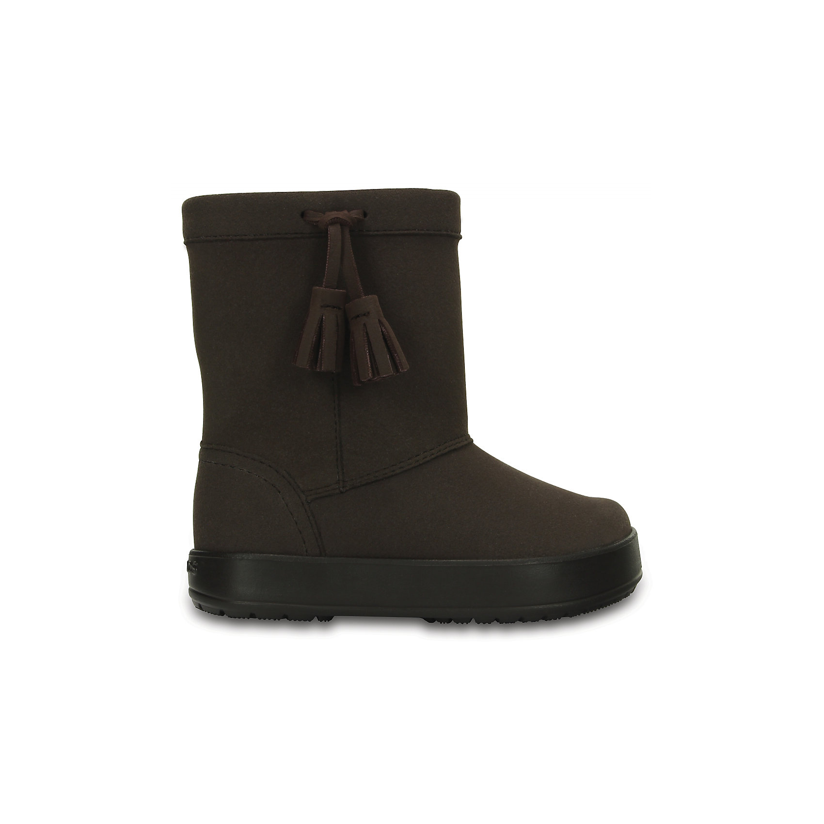 Сапоги Kids’ LodgePoint Boot для девочки CROCS Сапоги Kids’ LodgePoint Boot для девочки CROCSСапоги<br>Характеристики товара:<br><br>• цвет: коричневый<br>• материал: верх - искусственная замша, низ - термопластик<br>• материал подкладки: текстиль<br>• температурный режим: от -10° до +10° С<br>• антискользящая подошва<br>• толстая устойчивая подошва<br>• страна бренда: США<br>• страна изготовитель: Китай<br><br>Сапоги могут быть и стильными, и теплыми! Для детской обуви крайне важно, чтобы она была удобной. Такие сапоги обеспечивают детям необходимый комфорт, а теплая подкладка создает особый микроклимат. Сапоги легко надеваются и снимаются, отлично сидят на ноге. Модель очень легкая и устойчивая.<br>Обувь от американского бренда Crocs в данный момент завоевала широкую популярность во всем мире, и это не удивительно - ведь она невероятно удобна. Её носят врачи, спортсмены, звёзды шоу-бизнеса, люди, которым много времени приходится бывать на ногах - они понимают, как важна комфортная обувь. Продукция Crocs - это качественные товары, созданные с применением новейших технологий. Обувь отличается стильным дизайном и продуманной конструкцией. Изделие производится из качественных и проверенных материалов, которые безопасны для детей.<br><br>Сапоги для девочки от торговой марки Crocs можно купить в нашем интернет-магазине.<br><br>Ширина мм: 257<br>Глубина мм: 180<br>Высота мм: 130<br>Вес г: 420<br>Цвет: коричневый<br>Возраст от месяцев: 132<br>Возраст до месяцев: 144<br>Пол: Женский<br>Возраст: Детский<br>Размер: 27,28,29,34/35,30,23,24,25,26,31/32,33/34<br>SKU: 5027433
