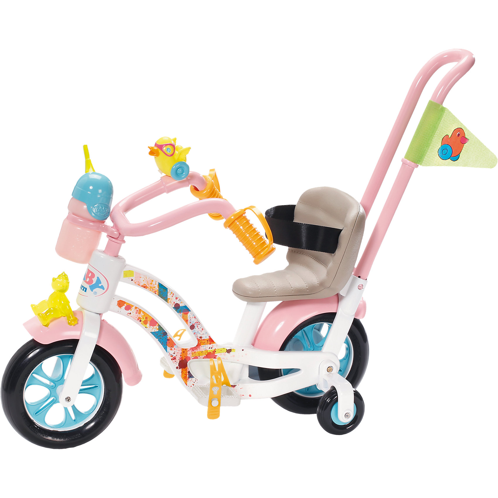 Велосипед, BABY born Велосипед, BABY bornБренды кукол<br>Велосипед, BABY born<br><br>Характеристики:<br><br>• В набор входит: велосипед, съёмная ручка, бутылочка, клаксон<br>• Состав: пластик, металл<br>• Размер упаковки: 40,5 * 20,5 * 35,6 см.<br>• Тип батареек: 3 x AAA / LR0.3 1.5V (мизинчиковые)<br>• Наличие батареек: входят в комплект<br>• Вес: 1200 г.<br>• Для детей в возрасте: от 3 лет<br>• Страна производитель: Китай <br><br>С новым велосипедом ребёнок сможет продолжать свои игры, делая их ещё веселее. Игрушечный велосипед выглядит как настоящий, кукла застёгивается на ремень-липучку в удобном кресле и её легко сажать на велосипед. Благодаря двум основным колёсам и трём дополнительным велосипед отлично держит равновесие. Стильный дизайн прекрасно подойдёт любимой кукле. <br><br>Велосипед оснащён звуковыми и световыми эффектами, а также держателем для бутылочки куклы, бутылочка входит в комплект. Задняя ручка-спинка снимается, что позволяет катать куклу за ручку или позволять кукле кататься самой. Это фирменный велосипед для кукол, он подойдёт к любой кукле бренда BABY born (Бейби Бон).<br><br>Велосипед, BABY born можно купить в нашем интернет-магазине.<br><br>Ширина мм: 410<br>Глубина мм: 350<br>Высота мм: 210<br>Вес г: 1113<br>Возраст от месяцев: 36<br>Возраст до месяцев: 60<br>Пол: Женский<br>Возраст: Детский<br>SKU: 5031513