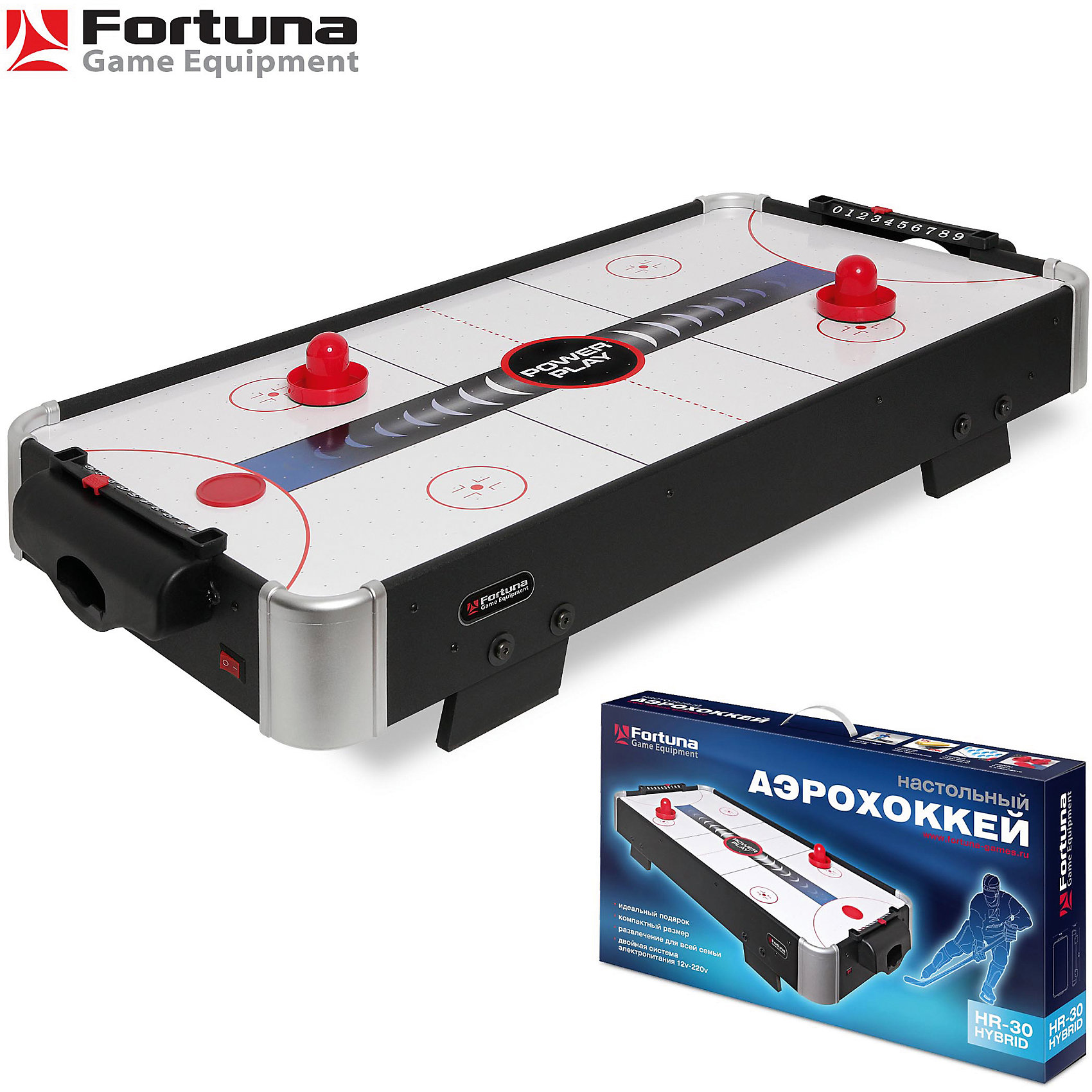 Настольный аэрохоккей HR-30 Power Play Hybrid, 86х43х15 см, Fortuna Настольный аэрохоккей HR-30 Power Play Hybrid, 86х43х15 см, FortunaНастольные игры<br>Настольный аэрохоккей HR-30 Power Play Hybrid<br><br>Характеристики игрового набора Fortuna Game Equipment:<br><br>• габариты стола в собранном виде: 86х43х15 см;<br>• вес стола: 5,72 кг;<br>• размер игрового поля: 84х41 см;<br>• имеется компрессор;<br>• не регулируется по высоте, не имеет электронного счетчика очков;<br>• материал корпуса, покрытие: МДФ, ПВХ;<br>• питание: система Hybrid: 220В / 12В (8 батареек 1,5В типа АА);<br>• размер упаковки: 93х49х15 см;<br>• вес упаковки: 8,850 кг;<br>• упаковка: мастер-коробка, коммерческая коробка, МДФ, пенопласт, полиэтилен.<br><br>Настольный аэрохоккей принесет удовольствие не только детям, но и их родителям. Качественные материалы, стильный дизайн и яркое оформление, простота сборки, возможность использования в домашних условиях.<br><br>Комплектация игрового набора «Аэрохоккей»:<br><br>• 2 биты, диаметр 6,5 см;<br>• 2 шайбы, диаметр 5 см;<br>• 1 адаптер.<br><br>Настольный аэрохоккей HR-30 Power Play Hybrid, 86х43х15 см, Fortuna можно купить в нашем интернет-магазине.<br><br>Ширина мм: 930<br>Глубина мм: 150<br>Высота мм: 490<br>Вес г: 8850<br>Возраст от месяцев: 36<br>Возраст до месяцев: 2147483647<br>Пол: Унисекс<br>Возраст: Детский<br>SKU: 5032451