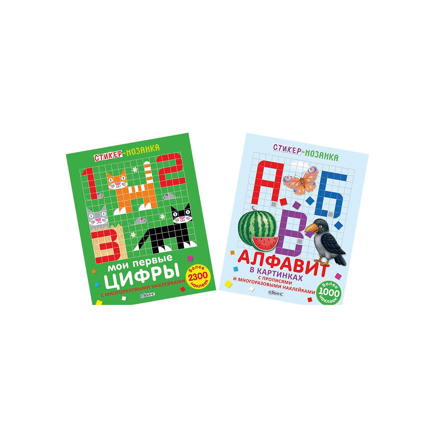 Комплект из 2 книг Стикер-мозаика: Буквы и цифры Комплект из 2 книг Стикер-мозаика: Буквы и цифрыПособия для обучения счёту<br>В состав комплекта входят две стикер-мозаики для изучения букв и цифр. Книжки с многоразовыми наклйеками, прописями, ламинированными страничками на перфорации. Книжки специально разработаны для интересного и веселого изучения алфавита и цифр.<br><br>Ширина мм: 278<br>Глубина мм: 215<br>Высота мм: 4<br>Вес г: 278<br>Возраст от месяцев: 60<br>Возраст до месяцев: 108<br>Пол: Унисекс<br>Возраст: Детский<br>SKU: 5034140