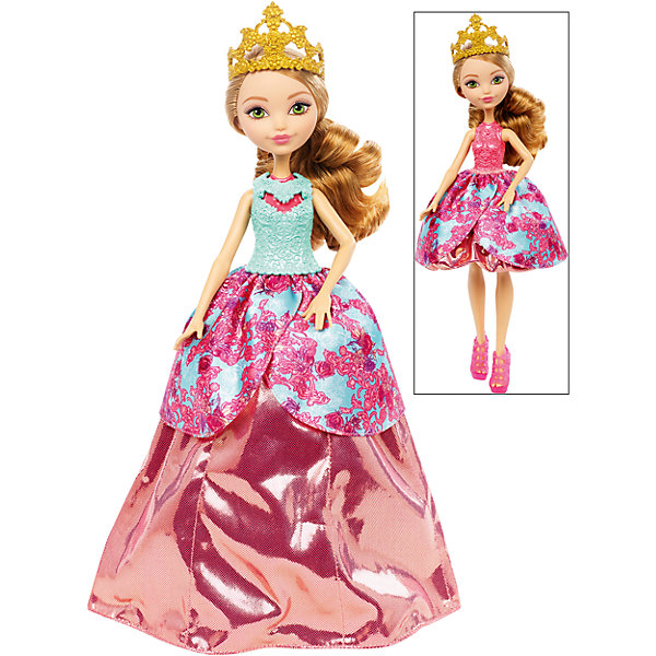 Кукла Эшлин Элла в трансформирующемся платье 2-в-1, Ever After High Кукла Эшлин Элла в трансформирующемся платье 2-в-1, Ever After HighКуклы<br>Кукла Эшлин представлена в прекрасном трансформирующемся платье с великолепной короной золотого цвета. Платье этой очаровательной куклы может превратиться в два удивительных наряда. Первый наряд выглядит как настоящее бальное платье, пышное и красивое. Второй наряд - это модное короткое платье, прекрасно подходящее для современных вечеринок. Кукла изготовлена из пластика, а ее замечательное трансформирующееся платье сшито из качественной ткани. Кукла с удивительными нарядами позволит девочкам использовать свою фантазию, придумывая все новые и новые сюжетно-ролевые игры.<br><br>Дополнительная информация:<br><br>- возраст: от 6 лет<br>- пол: для девочек<br>- цвет: бирюзово-розовый.<br>- комплект: 1 кукла, аксессуары.<br>- материал: пластик, текстиль.<br>- размер упаковки: 32.5 * 25 * 6 см.<br>- упаковка: пластиковый бокс.<br>- высота куклы: 27 см.<br>- бренд: Mattel<br>- страна обладатель бренда: США.<br><br>Куклу Эшлин торговой марки Ever After High (Эвер Афтер Хай) можно купить в нашем интернет-магазине.<br><br>Ширина мм: 65<br>Глубина мм: 255<br>Высота мм: 325<br>Вес г: 405<br>Возраст от месяцев: 72<br>Возраст до месяцев: 144<br>Пол: Женский<br>Возраст: Детский<br>SKU: 5047628